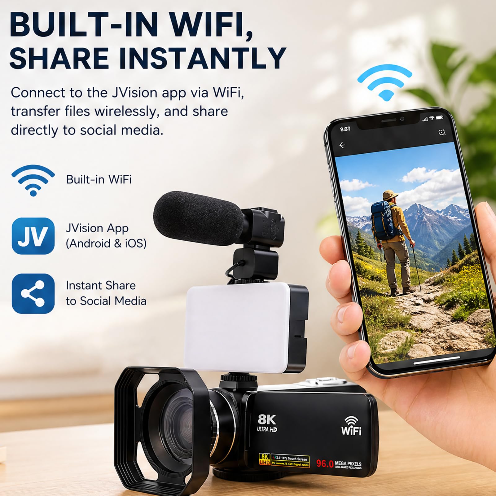Caméscope Vidéo 8K 96MP, Anti Shake, Zoom Numérique 18X