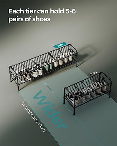 Miniatura 5 de SONGMICS Zapatero de 2 niveles, organizador de zapatos de metal con 4 ganchos laterales, capacidad para 12 pares de zapatos, zapatero de altura