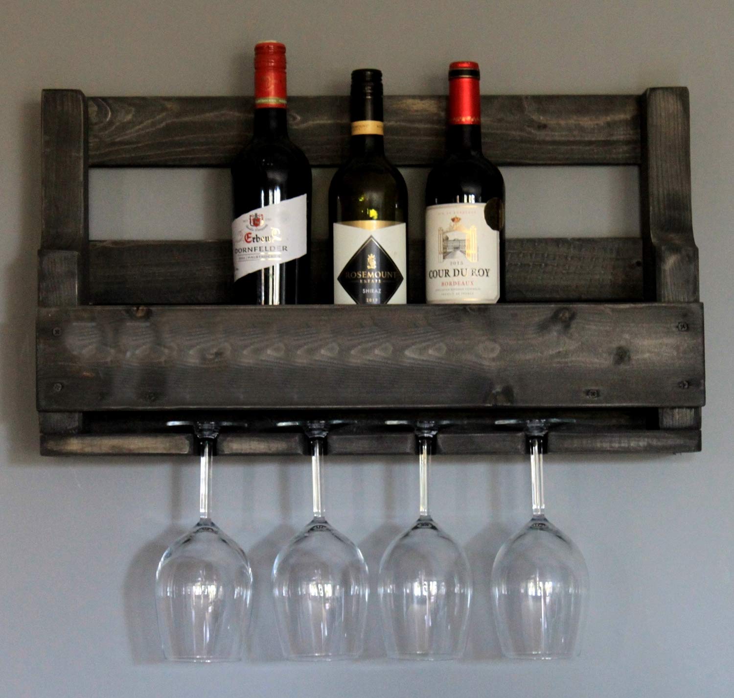 Scaffale Da Vino In Legno Fiammato - Con Portabicchieri | 60x35x15cm | Montaggio Incluso | Stile Rustico - Foto 10