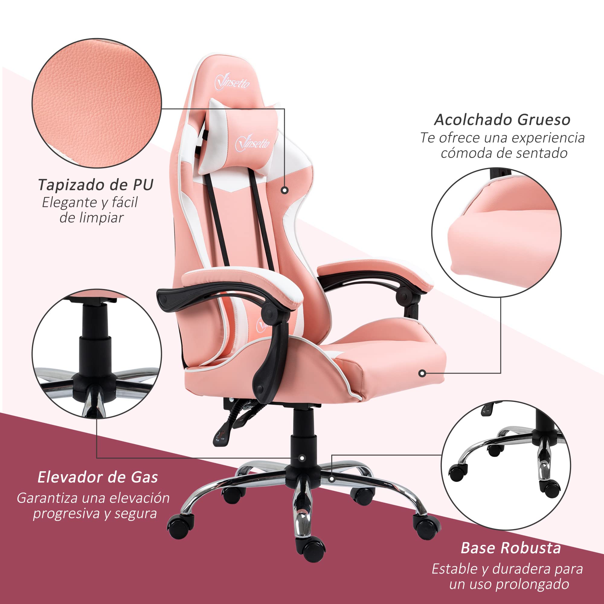 Vinsetto Silla Gaming Giratoria Reclinable 135° 63x67x122-130 cm Rosa | Silla Gamer Racing, Altura Ajustable, Reposacabezas, Cojín Lumbar, para Oficina Estudio