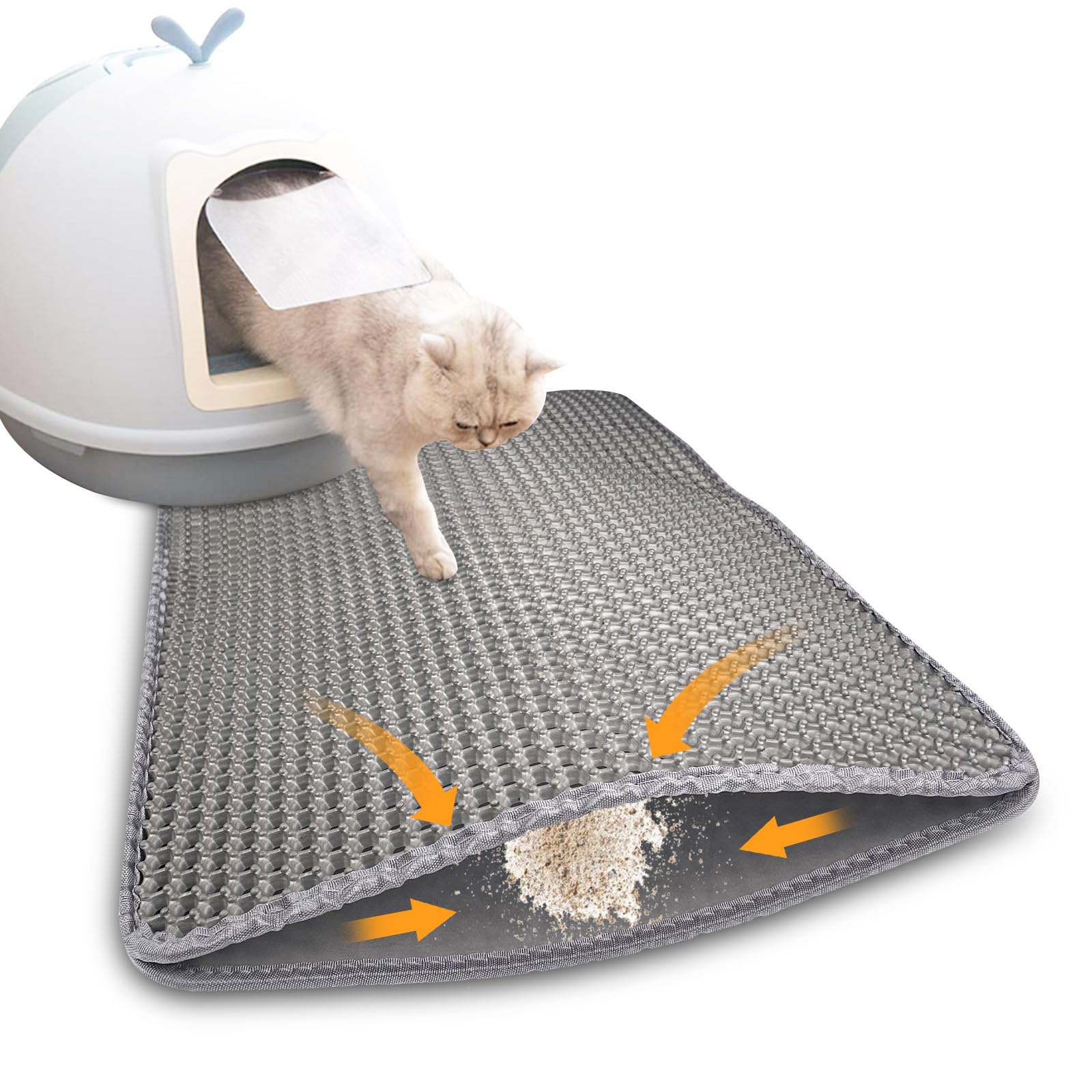 60cm × 90cm Alfombra Arenero Gato Doble Capa Plegable, Alfombrilla Impermeable, Fácil Limpiar, Arena Gatos Antideslizante, Diseño de Panal Abejas(Gris)
