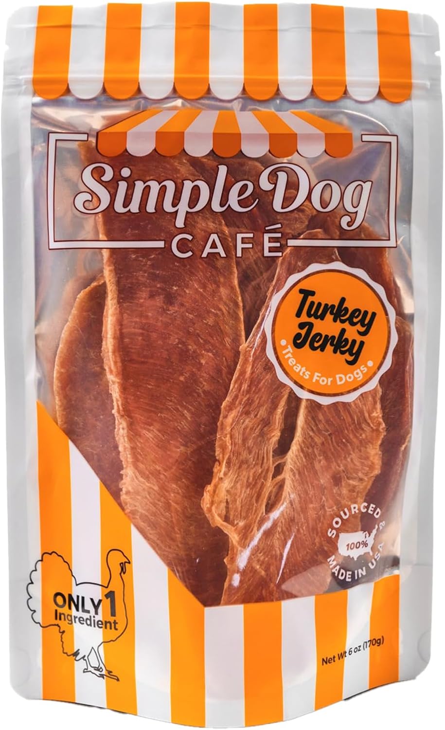 Turkey Jerky for Dogs, Only 1 Ingredient, 100% USA Sourced & Made, All Natural, Human Grade, No Preservatives, Grain Free, Dehydrafted Meat Jerky Treat for Dogs, 6 oz Resealable Bag