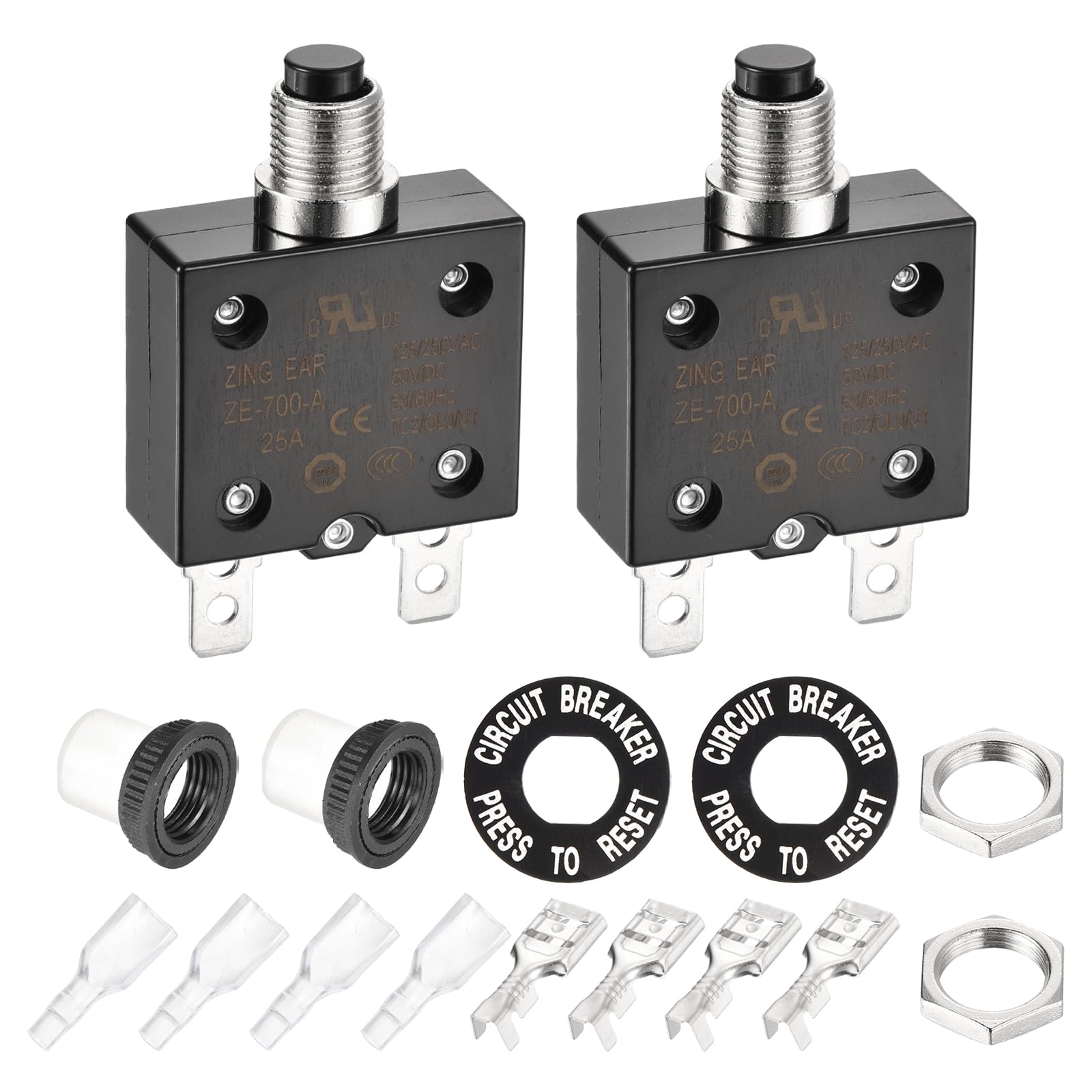 DMiotech 25A Thermal Circuit Breaker 125/250V AC 50V DC 2.3x1.4x0.6" Manual Reset Overload Protector with Quick Connect Terminal and Waterproof Cap for Overload Protection,2Pcs