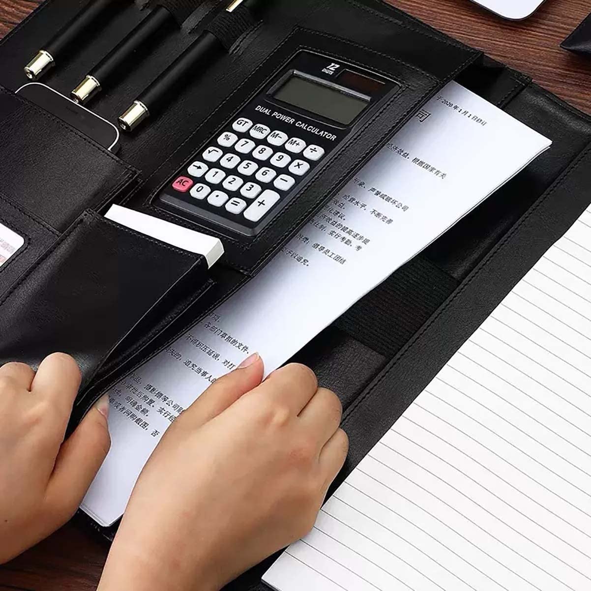 Segregator A4 Padfolio, segregator A4 ze skóry PU z notatnikiem, kalkulator 8/12-cyfrowy, opakowanie 3 sztuk, brązowo-czarny, czarno-12-cyfrowy kalkulator solarny,Black-12 digit solar calculator
