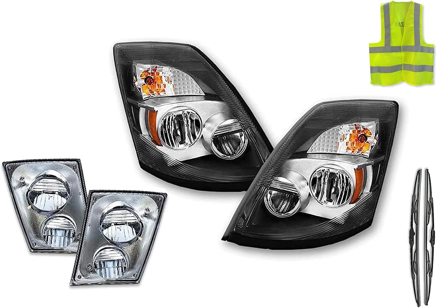 KOZAK compatible with Vnl 630 670 730 780 Truck 2004-2017 Models Full LED Headlight Left Driver and Right Passenger side Pair and FULL LED Fog Light Pair Chrome Housing