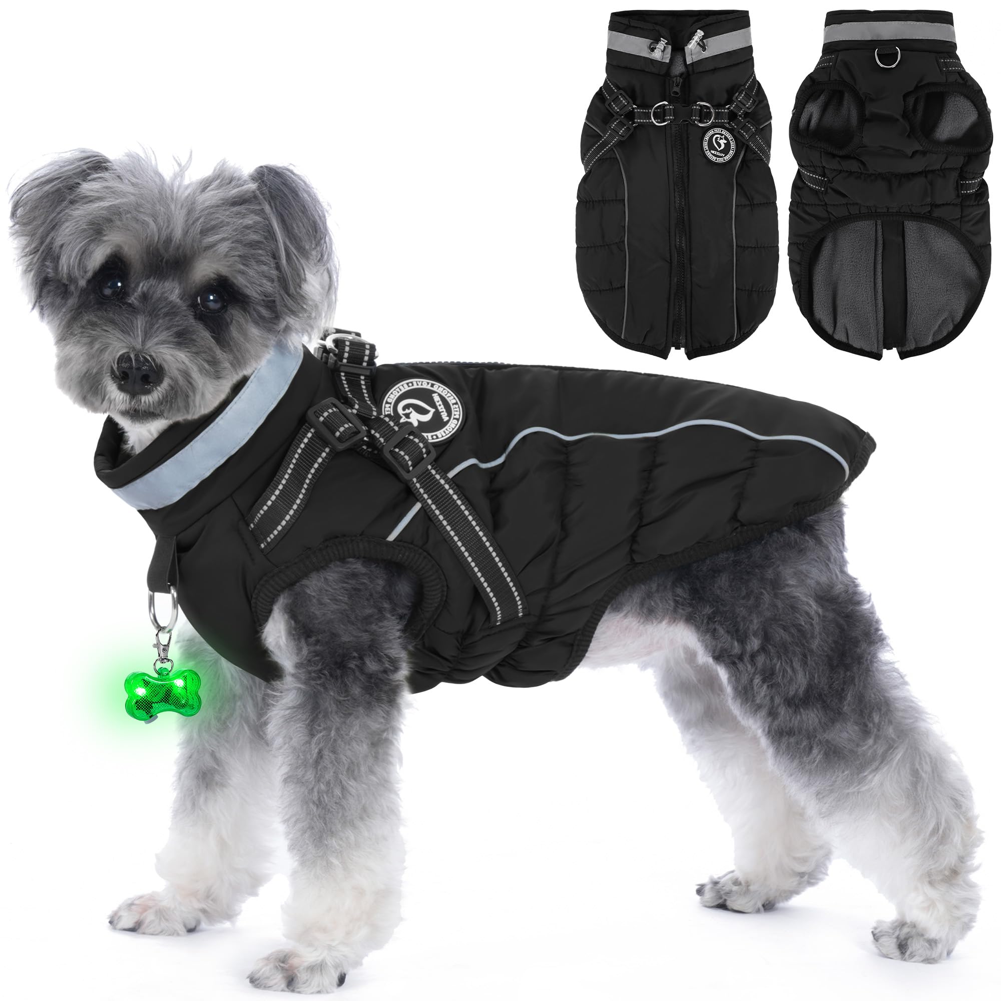 HezzLuv Waterproof Dog Winter Jacket with Harness, Reflective Strips & LED Light-Emitting Collar Dogs Coat, Fleece Cotton Lined, Windproof/Adjustable Warm Dog Coats & Jackets for Small & Medium Dogs