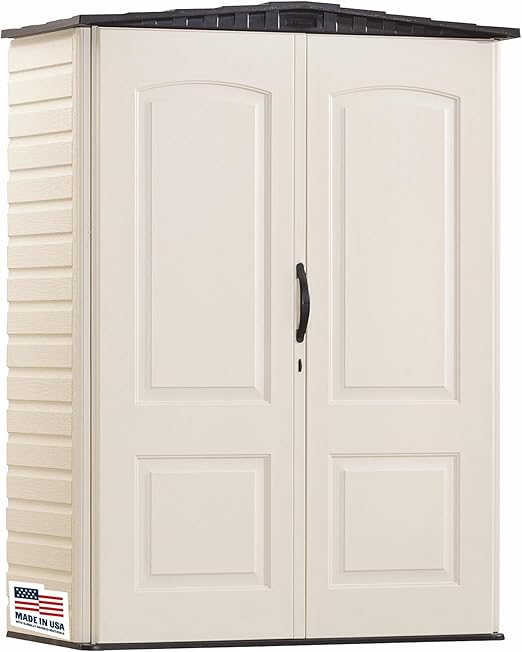 Rubbermaid Small Vertical Resin Outdoor Storage Shed With Floor (2.3 x 4.6 Ft), Weather Resistant, Beige/Brown, Organization for Home/Backyard/Pool Chemicals/Toys/Garden Tools/Porch/Patio Cushions