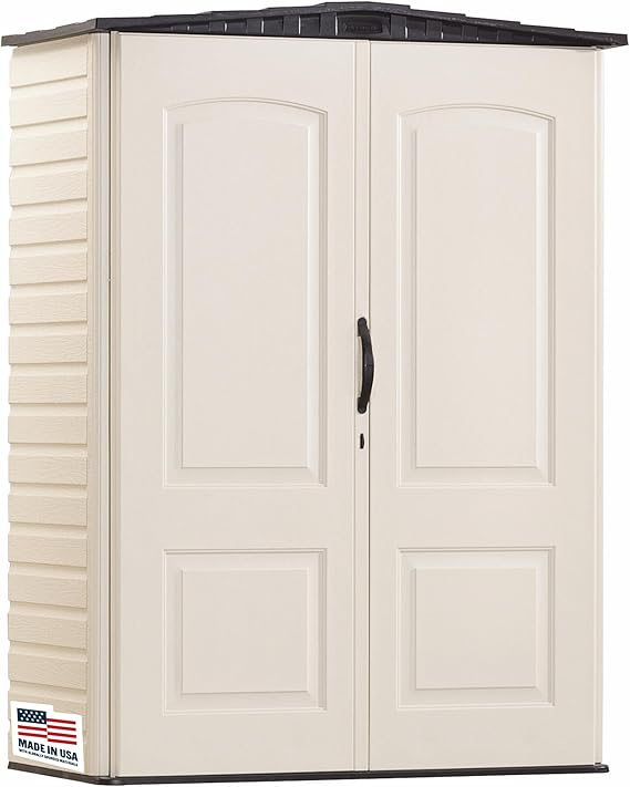 Rubbermaid Small Vertical Resin Outdoor Storage Shed With Floor (2.3 x 4.6 Ft), Weather Resistant, Beige/Brown, Organization for Home/Backyard/Pool Chemicals/Toys/Garden Tools/Porch/Patio Cushions