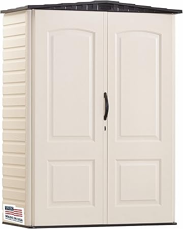 Rubbermaid Small Vertical Resin Outdoor Storage Shed With Floor (2.3 x 4.6 Ft), Weather Resistant, Beige/Brown, Organization for Home/Backyard/Pool Chemicals/Toys/Garden Tools/Porch/Patio Cushions
