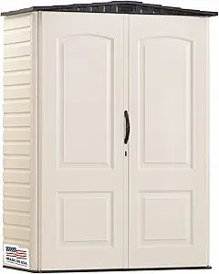 Rubbermaid Small Vertical Resin Outdoor Storage Shed With Floor (2.3 x 4.6 Ft), Weather Resistant, Beige/Brown, Organization for Home/Backyard/Pool Chemicals/Toys/Garden Tools/Porch/Patio Cushions