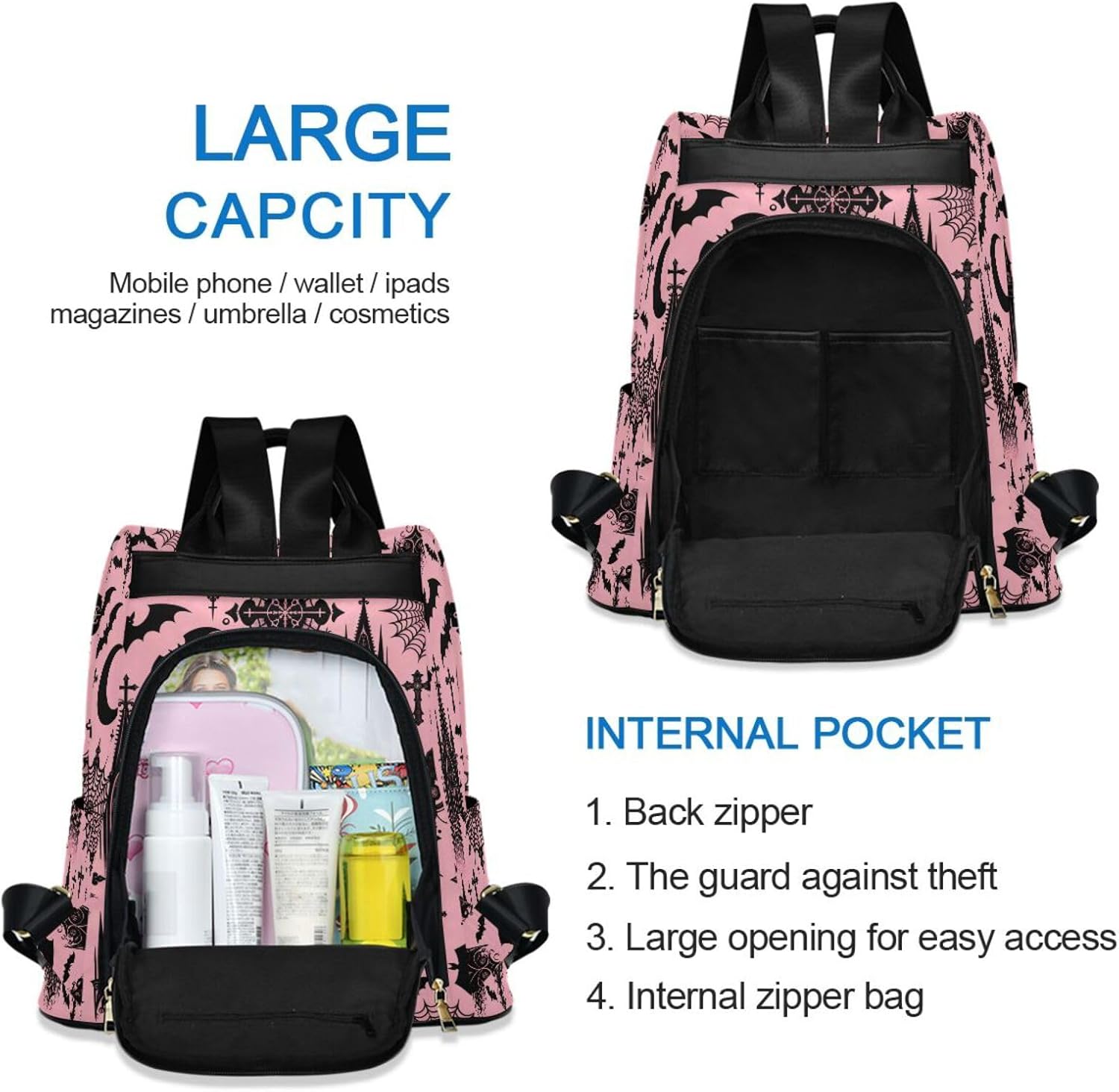 Women Backpack Purse Black Gothic Moon Spider Webs and Bats Backpack for Women Anti-theft Shoulder Bag Carry On Backpack Lightweight Rucksack Fashion Travel Ladies Bags