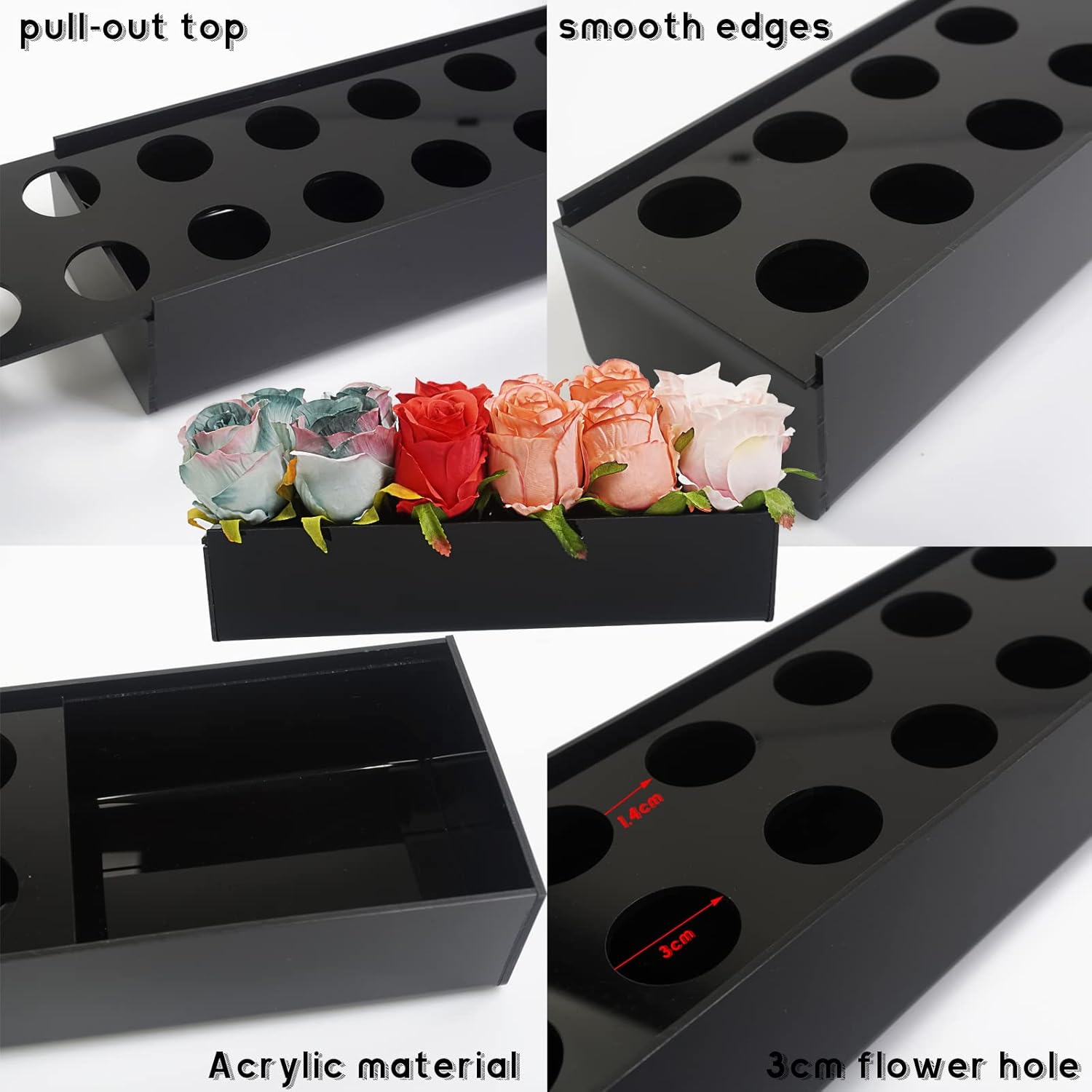 Long Acrylic Vase with Holes for Flowers, Black Rectangular Flowers Vase Acrylic Flowers Box, Modern Vases Length 12/18/24" for 12/18/24PCS Flowers (Black - 12×4×2.56")