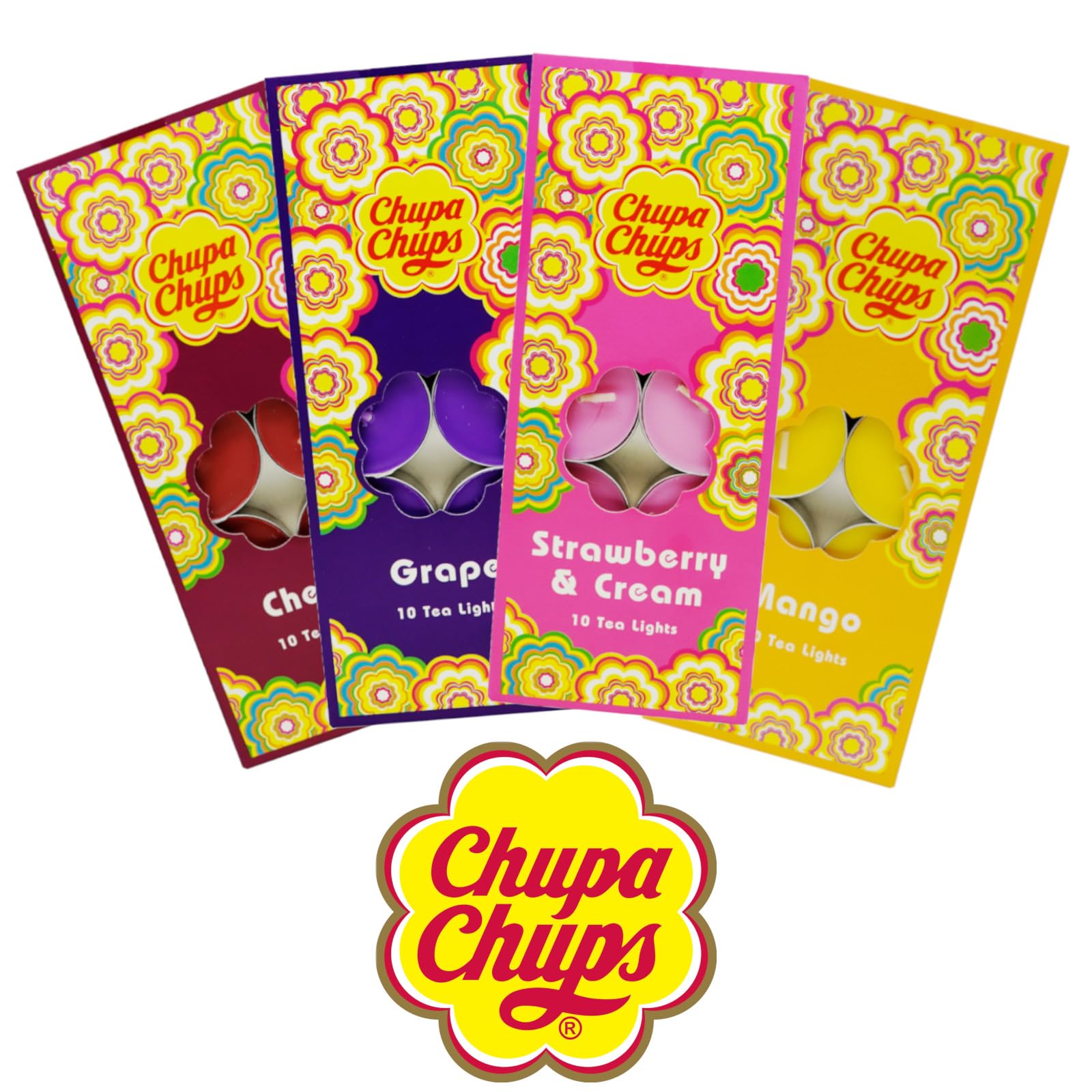Chupa Chups Multicoloured Tea Lights, 40 Scented Candles, Cherry, Grape, Strawberry & Cream, Mango Fragrances