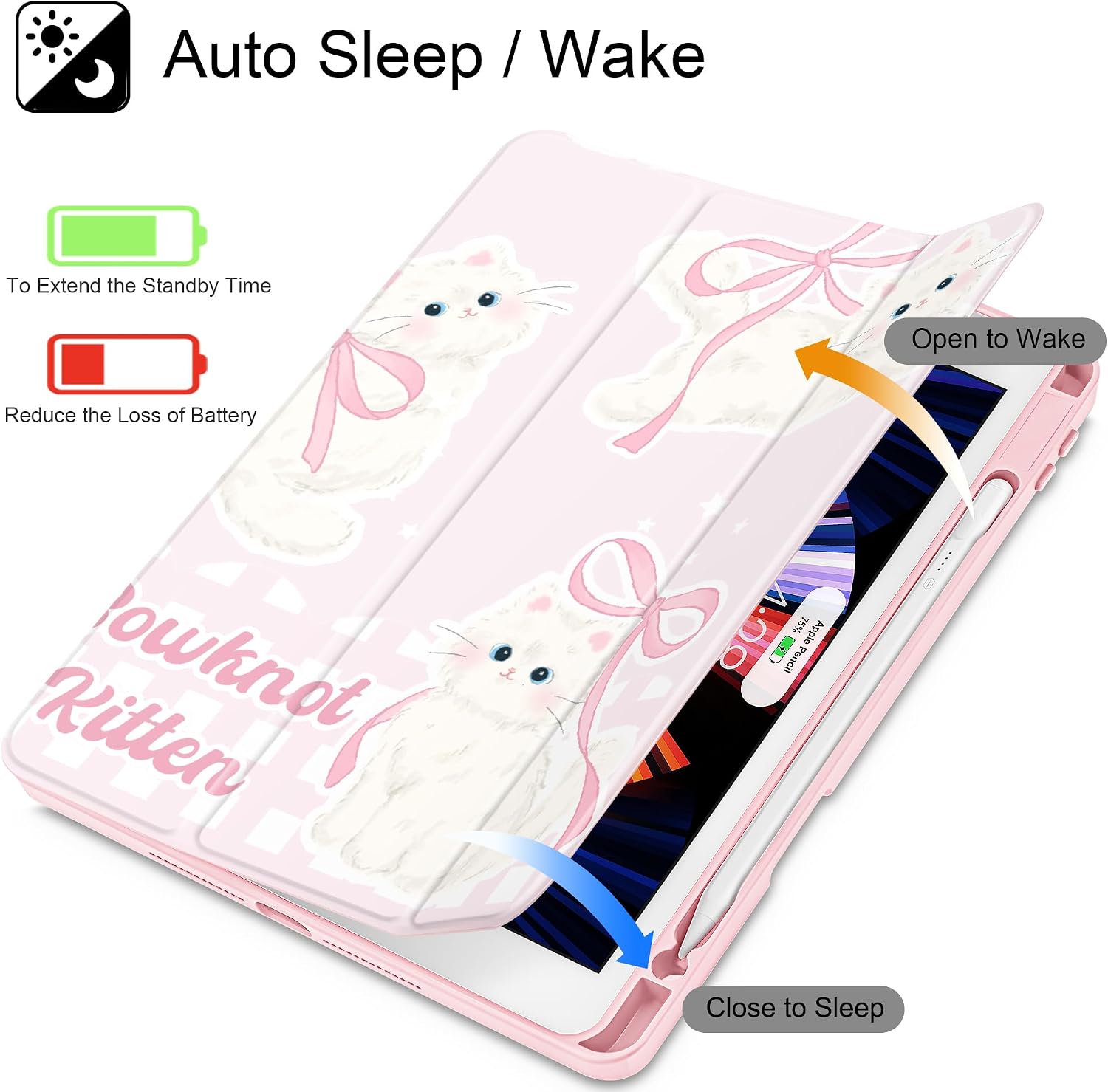 May Chen for iPad 9th Generation with Pencil Holder, iPad 8th/7th Gen Case 10.2-inch, [Penceil Holder] Trifold Stand Auto Wake/Sleep Clear TPU Protection Back Cover, Bowknot Kitten