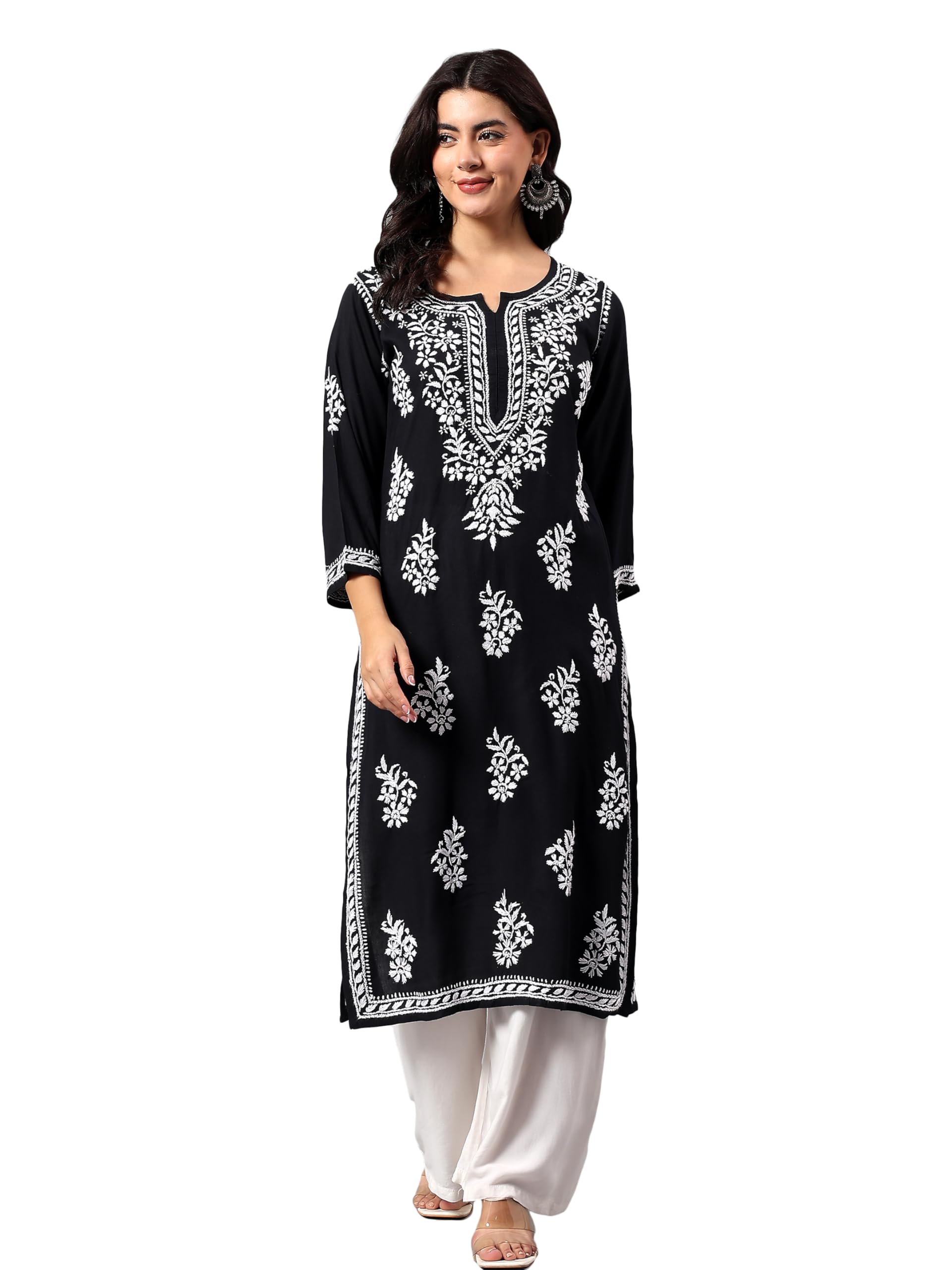 seva chikan Hand Embroidered Lucknowi Chikankari Straight Regular Fit Rayon Women's Long Kurta SCL4404-picture-34