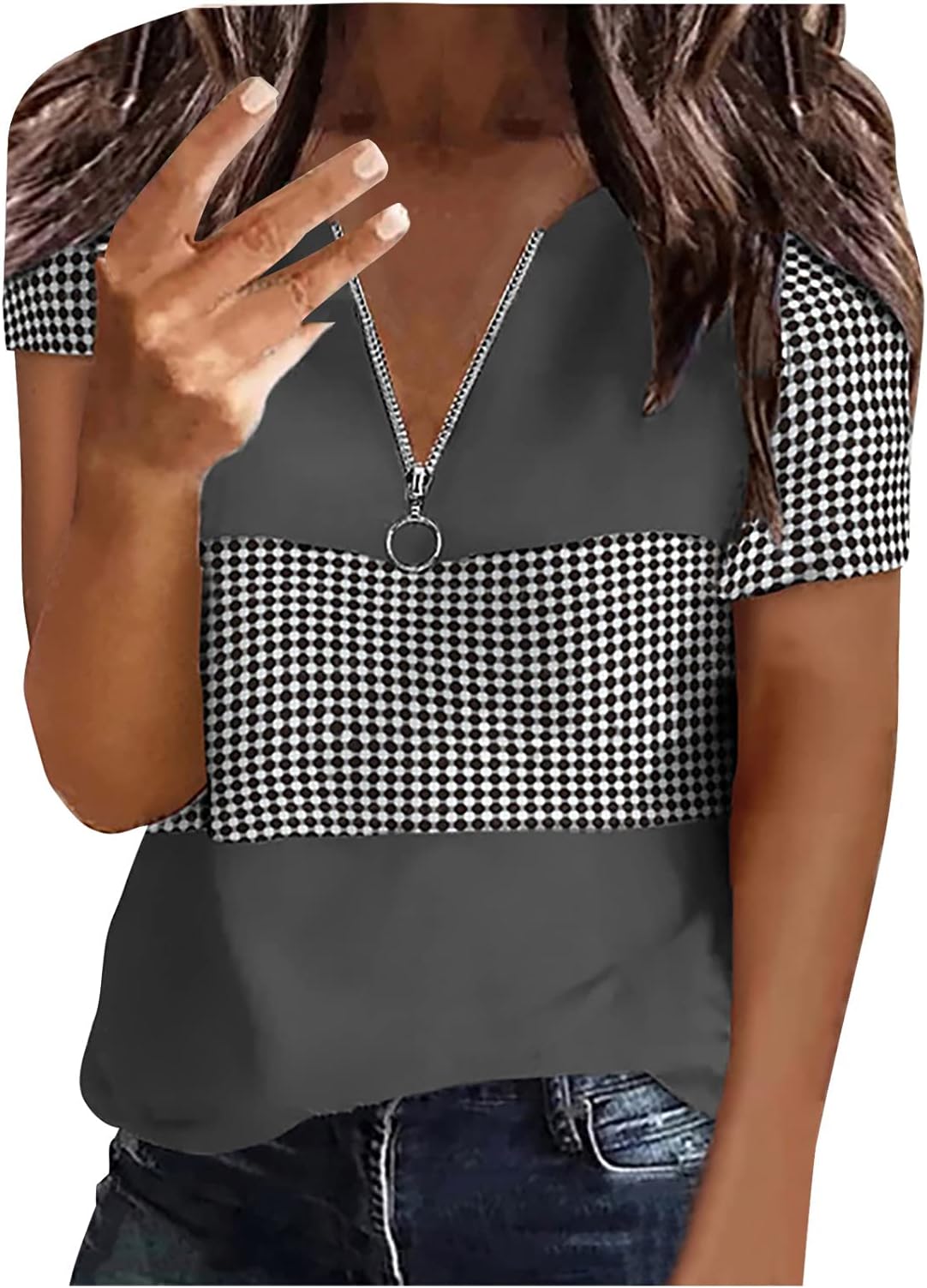 Summer Women V-Neck Zipper Tops Fashion Casual Loose Fit Short Sleeve Patchwork Print Blouse Comfy Soft T-Shirt Tee