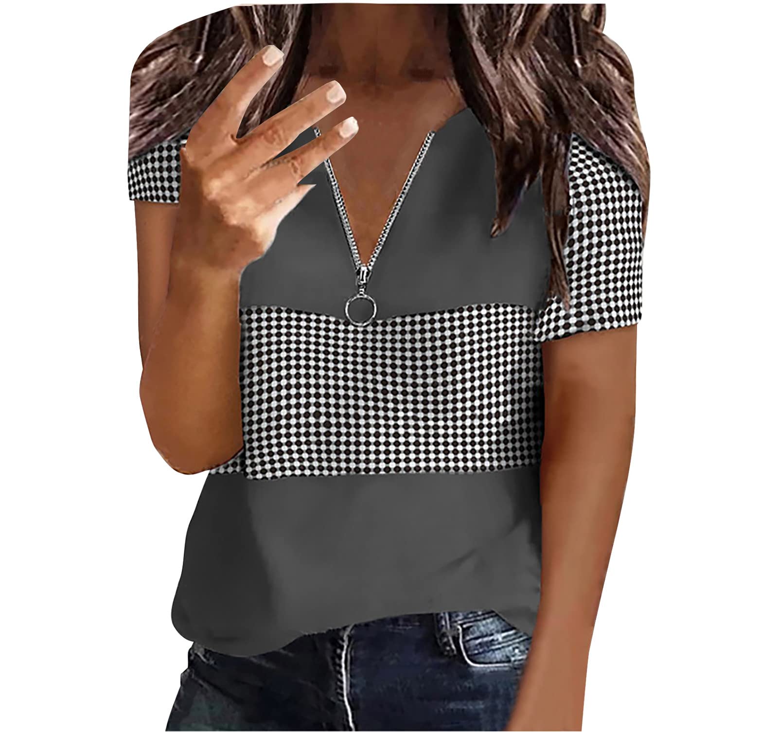 Summer Women V-Neck Zipper Tops Fashion Casual Loose Fit Short Sleeve Patchwork Print Blouse Comfy Soft T-Shirt Tee