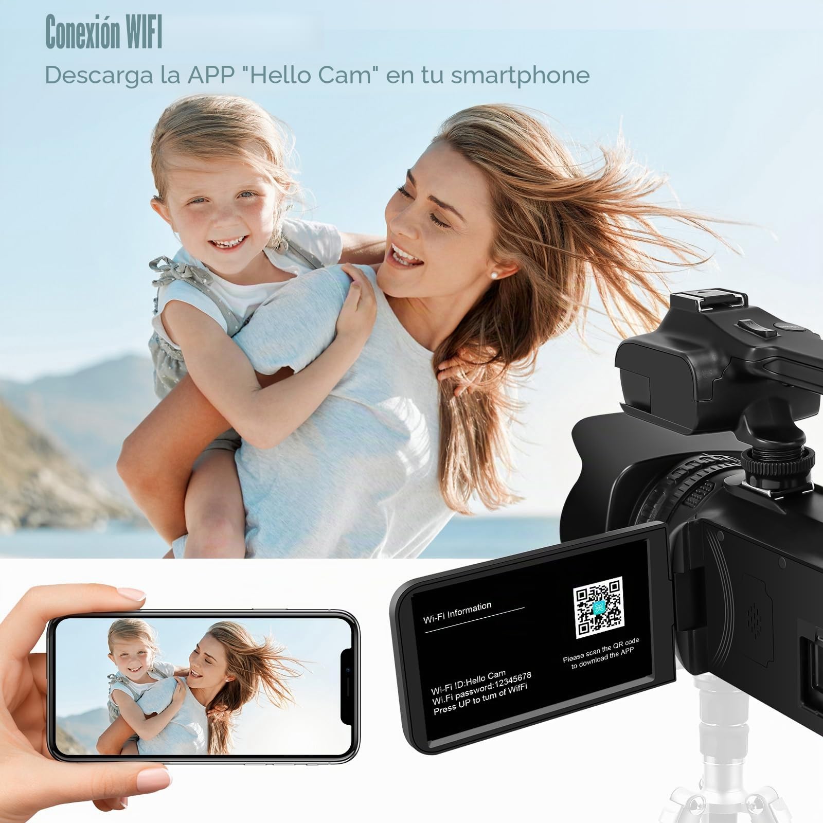 Videocámara 6K con 64MP, zoom digital 18X, visión nocturna IR, pantalla táctil de 4,0 pulgadas, WiFi, batería de 4500 mAh, tarjeta SD de 64 GB, estabilizador y mando a distancia