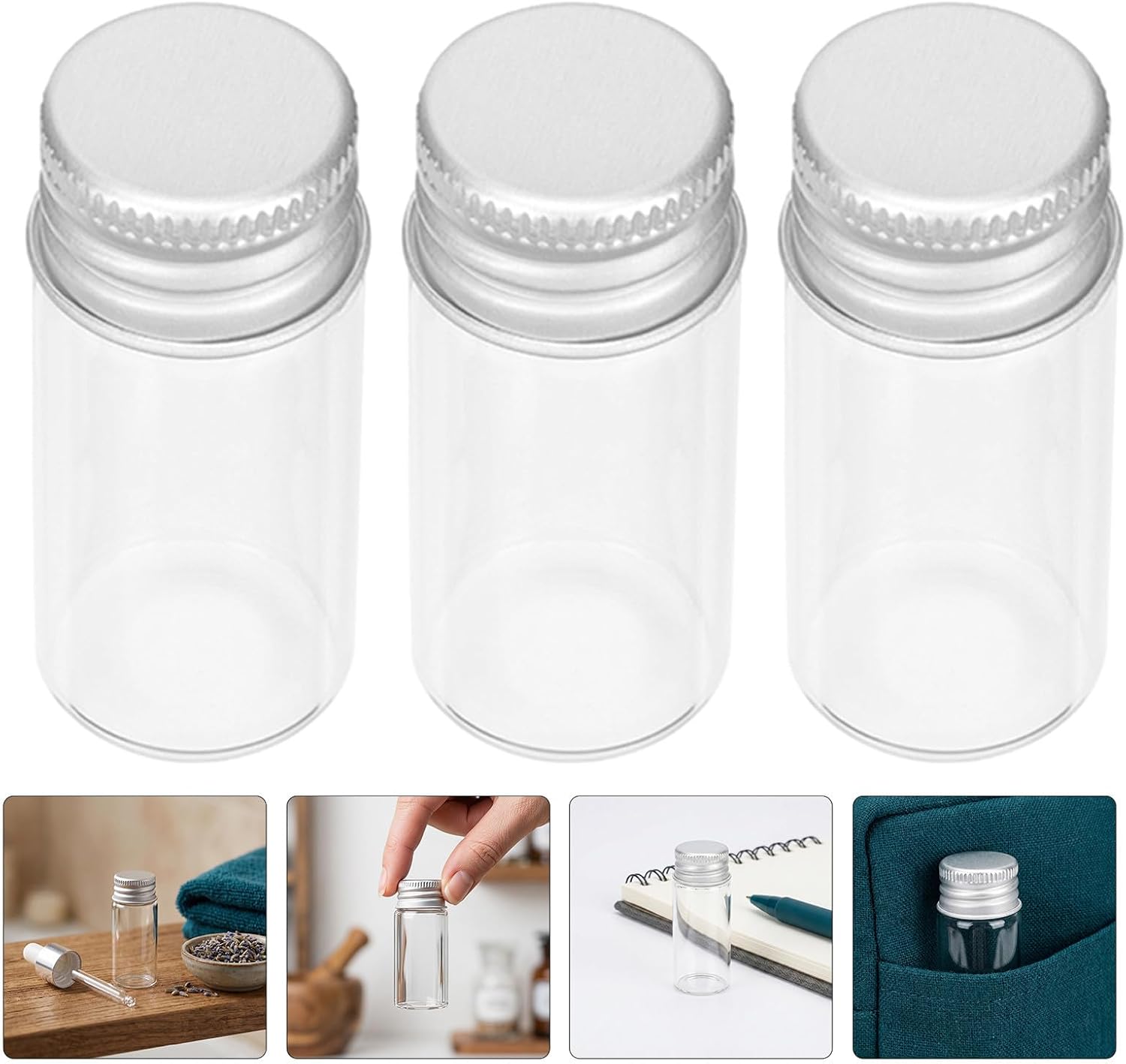 Mini Glass Bottles Organized 12pcs 15ml with Aluminum Screw Caps, Leakproof Cylindrical Tiny Vials Glass Storage Containers for Essential Oil Travel and Art Craft Decor