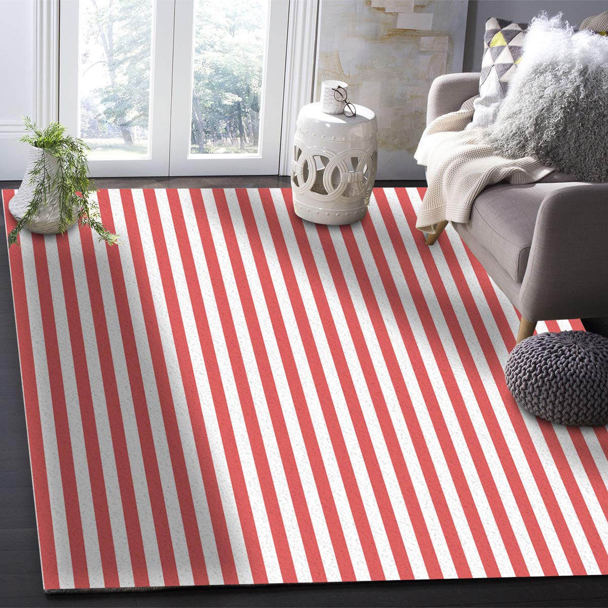 赤と白のストライプラグ Amazon | カーペット ラグ 洗える 北欧 おしゃれ マット 122x183cm