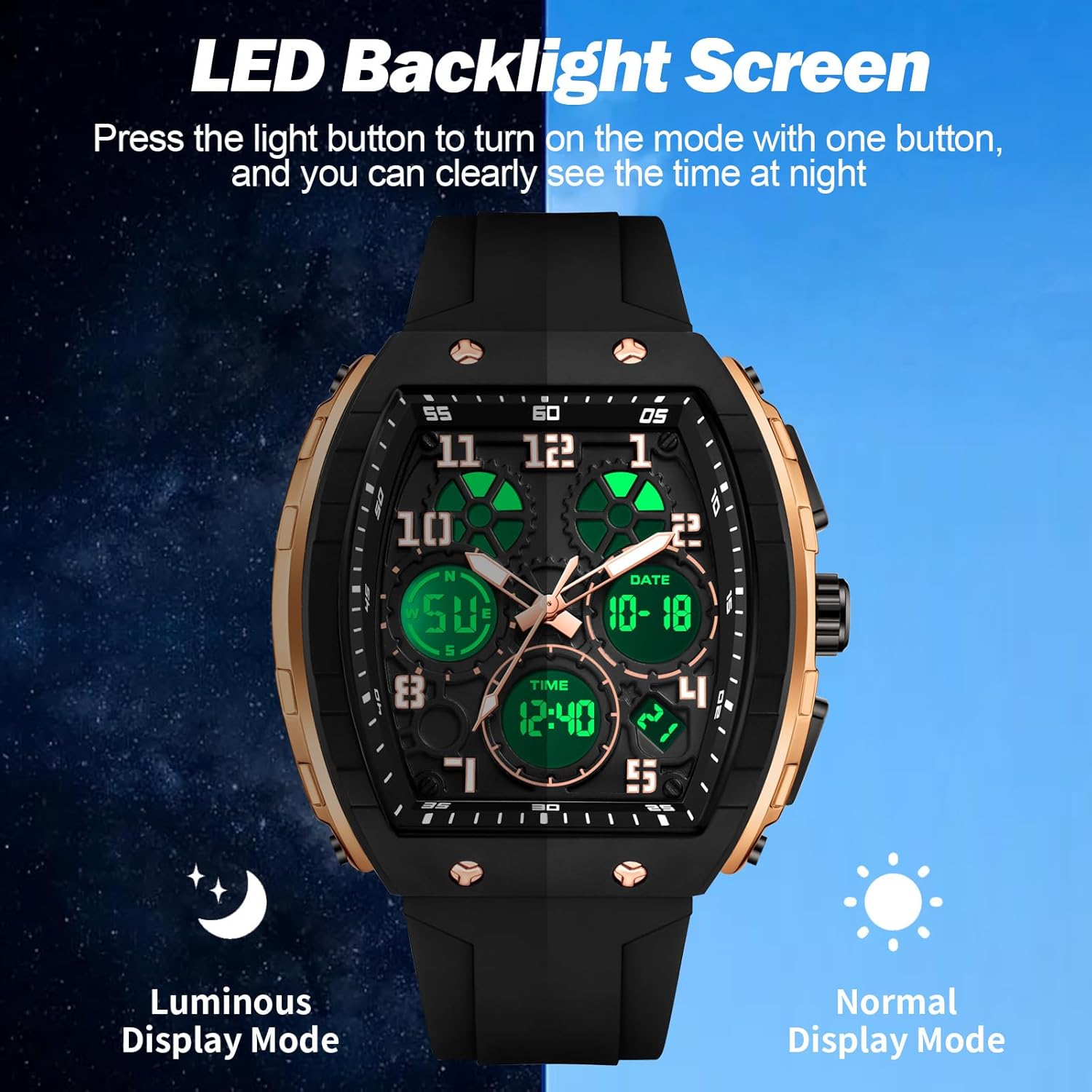 Mens Watches Unique Watches for Men Digital Waterproof Watch Sports Alarm Stopwatch Tonneau Design Punk Analog Wrist Watch Calendar Dual Time Display Silicone Band