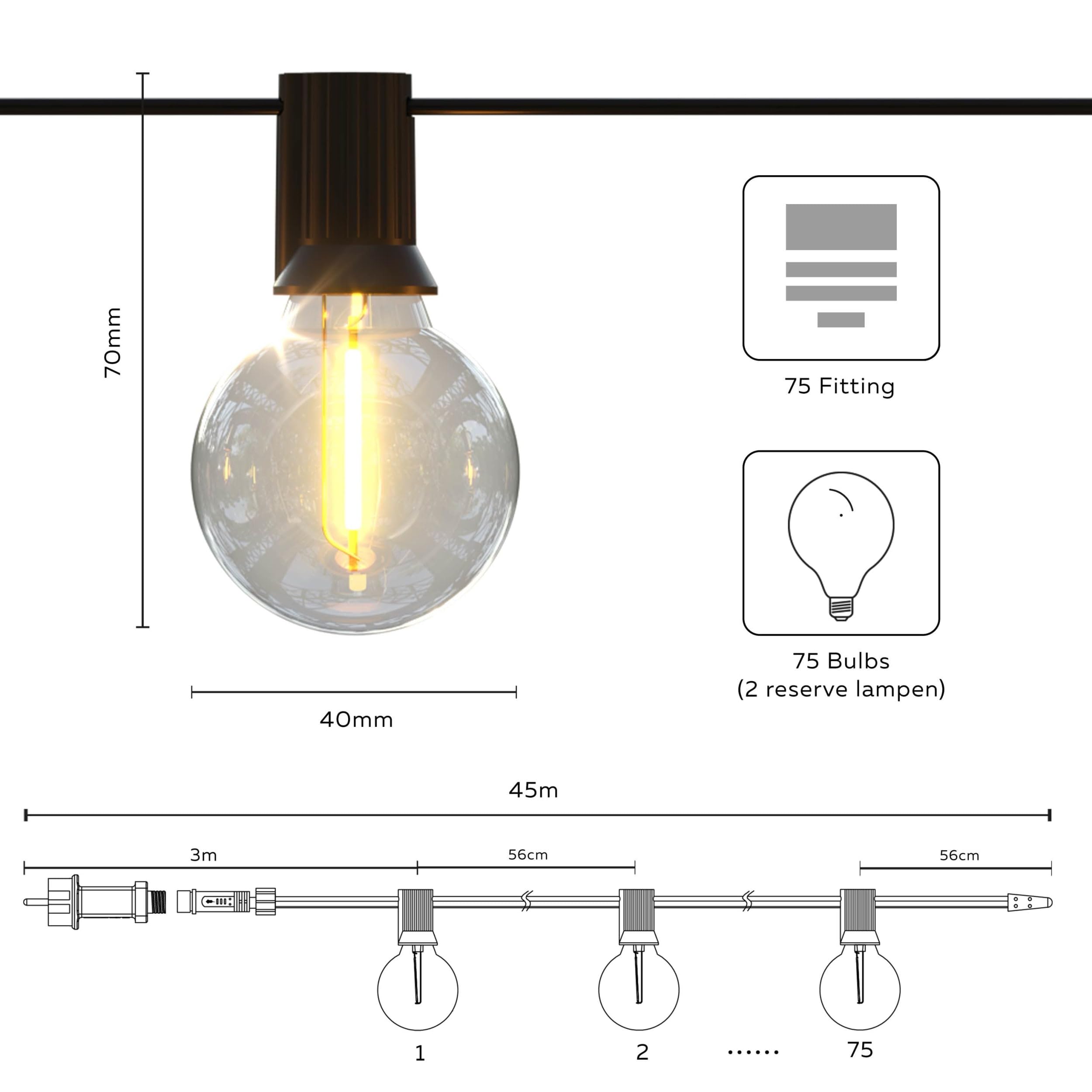 CALEX Vista LED Lichterkette 45 m, 75 Lampen, warmweiß licht, wasserdicht, Gartenbeleuchtung mit Fernbedienung