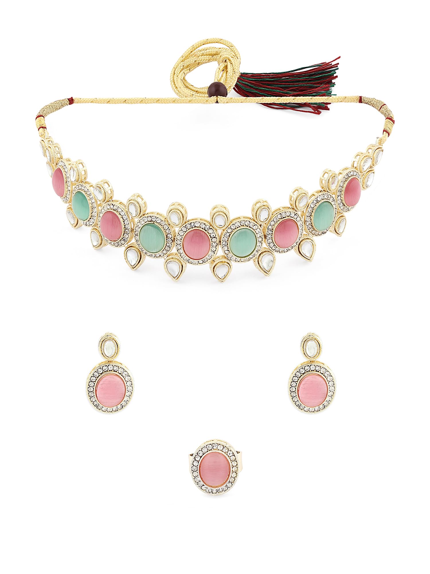 ZAVERI PEARLS Green & Pink Artificial Stones & Kundan Ethnic Choker Necklace Earring & Ring Set For Women-ZPFK16491 (B0CFR6KCW8) Amazon Price History, Amazon Price Tracker
