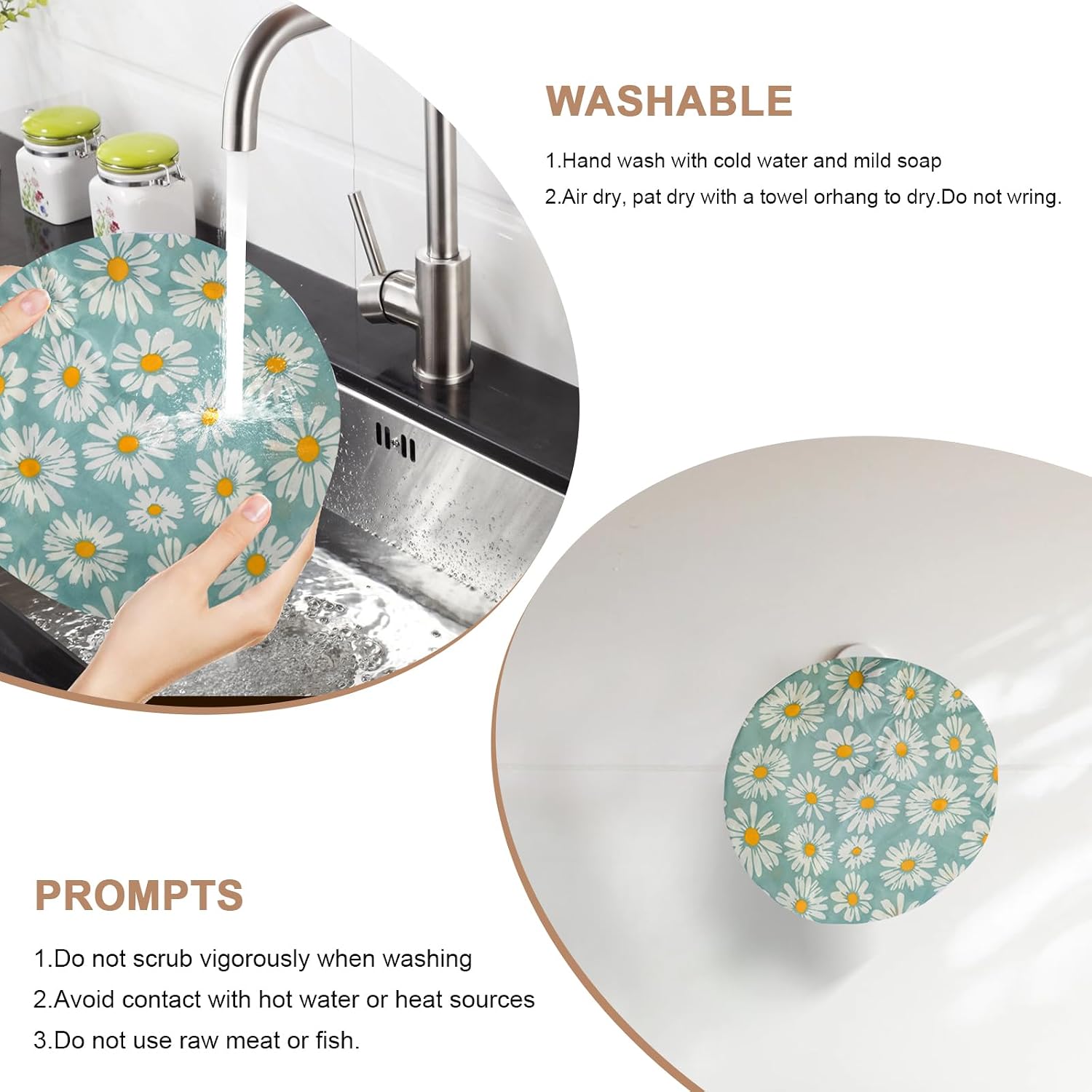 Reusable Bowl Covers for Bread Proofing - Beeswax Bowl Covers Reusable 3 Set, Cotton Blend Stretch Design, Fits 4-13 Inch Bowls, Shower Caps for Sourdough Bread, Dough Proofing & Food Storage(Daisy)