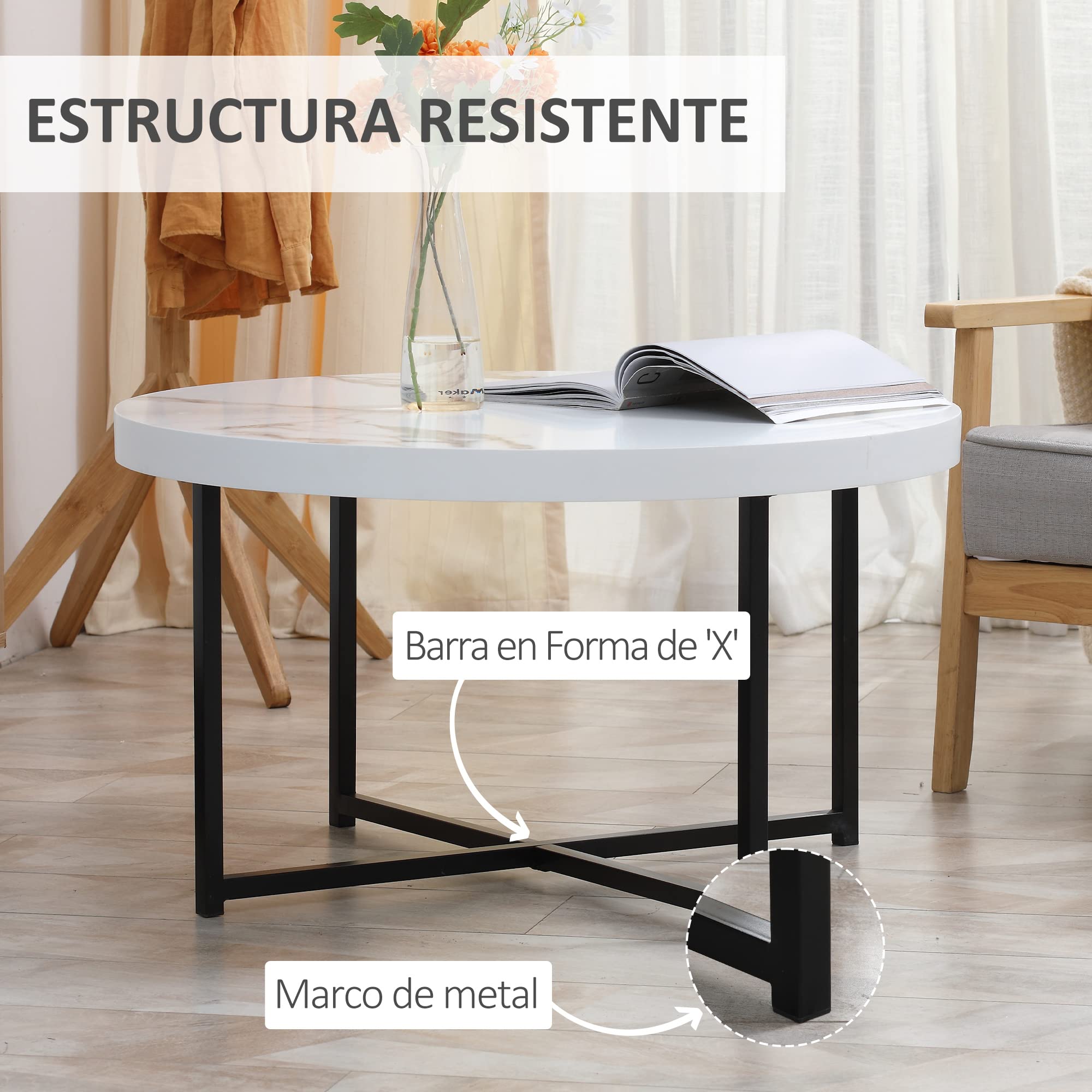HOMCOM Mesa de Centro Redondo Encimera Símil Mármol 80x80x45 cm Blanco | Mesa de Salón, Marco de Metal, para Oficina Dormitorio Comedor, Estilo Moderno