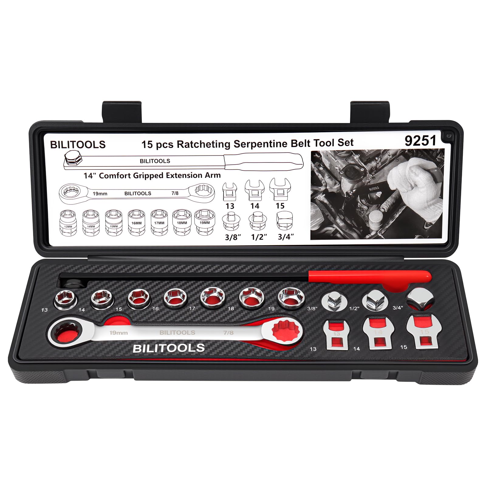 BILITOOLS 15-Piece Universal Serpentine Belt Tool Set,Belt Tensioner Tool Kit with Ratcheting Wrench, Crowfoot Wrenches, Socket Adapters.19 mm and 7/8'' ratchet drive.