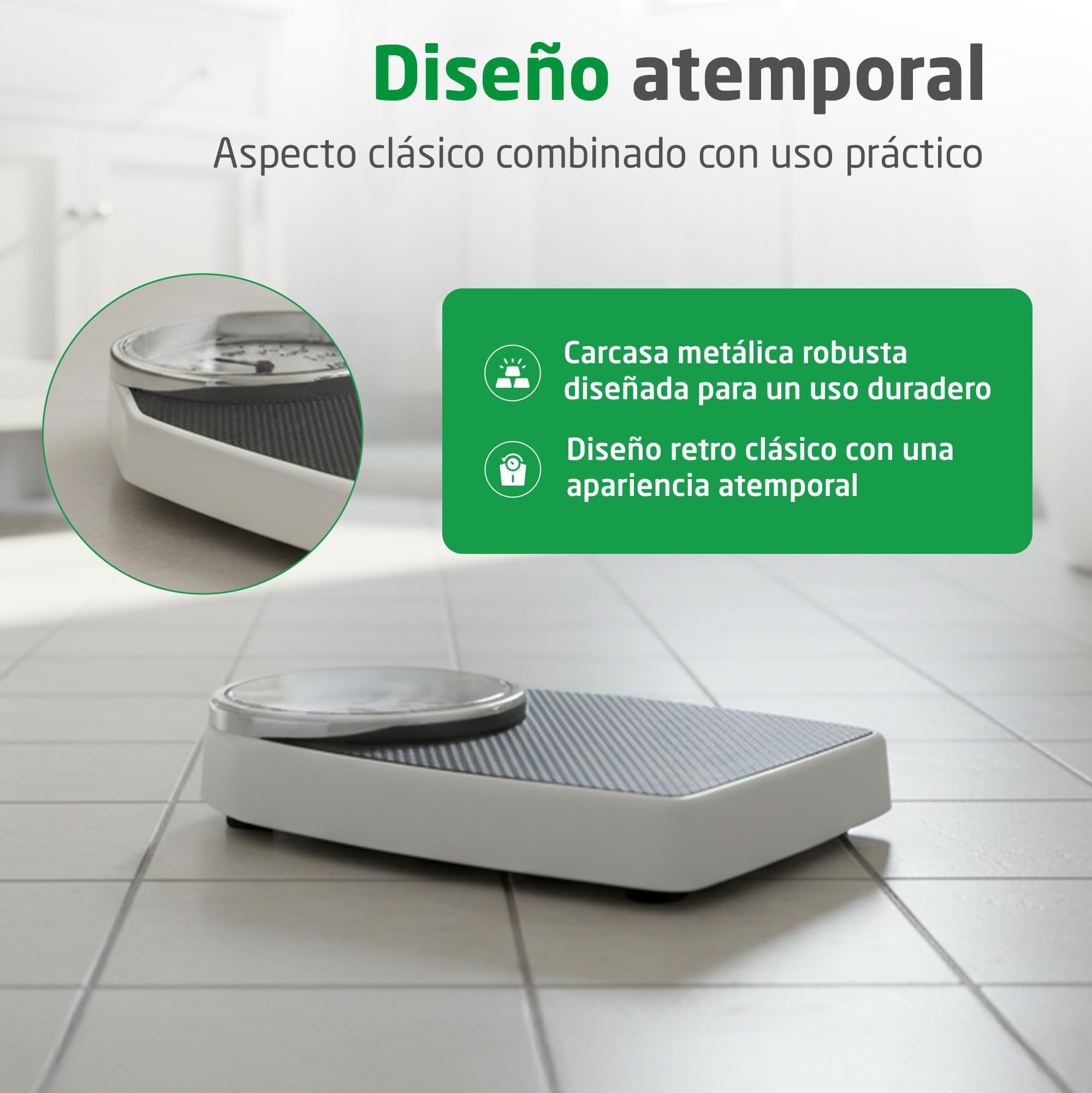 Medisana PSD bascula de baño mecánica, escala personal de hasta 150 kg, báscula analógica, diseño clásico y gran formato en un embalaje fácil abrir con cristal seguro reforzado