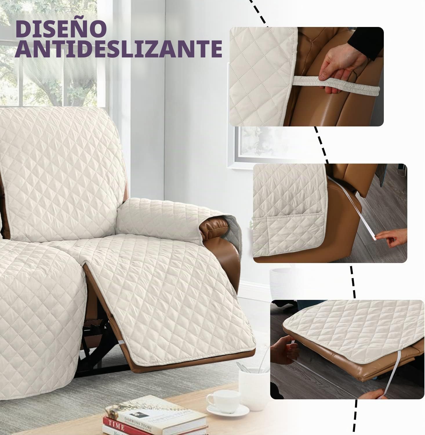 Funda de Silla Relax Antideslizante Funda para Sofá, Funda para Sofá Reclinable Reversible con Correa Elástica, Fundas de Muebles lavable para el hogar con mascotas y niños (Marfil,3 Plazas 208 cm)