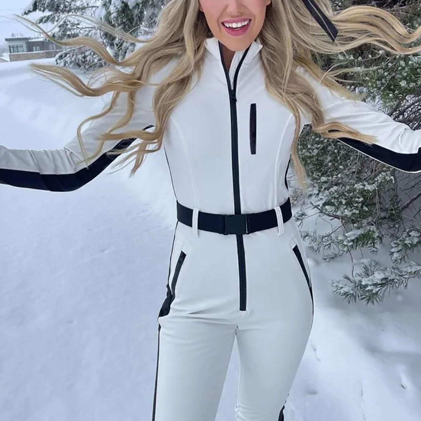 Generisch Mono térmico para mujer, chaqueta de esquí de invierno, tallas grandes, mono de esquí sin capucha, cuello alto, mono deportivo con cremallera y cinturón, traje de nieve cálido, resistente al