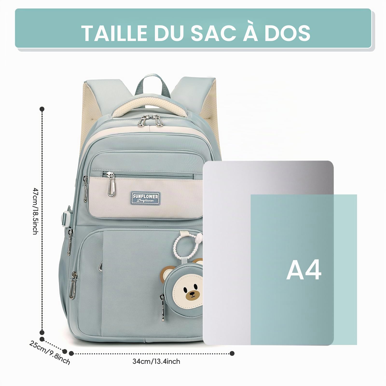 Amythe Sac à Dos pour Enfants de L'école Primaire CM1 CM2, 40L Cartable Fille Collège, Grand Sac Ecole pour Filles de 10 à 18 Ans avec Joli Porte-monnaie, Adapté aux Chariot