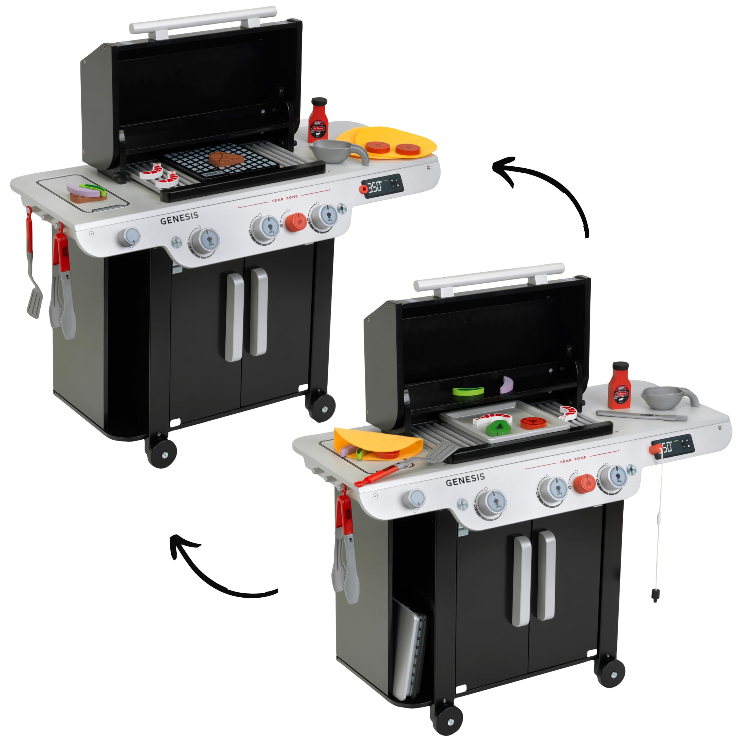 Theo Klein 9445 Weber Barbecue Genesis in legno I Inclusi inserti per bistecca, pizza o verdure I Con manici, utensili e posate da barbecue I Giocattolo per bambini dai 3 anni in su