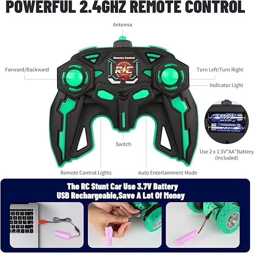 Miniatura 5 de Traverse Star Coche de control remoto, auto de acrobacias RC giratorio de 360 con luces de rueda, faros delanteros de 2.4Ghz de doble cara, juguetes