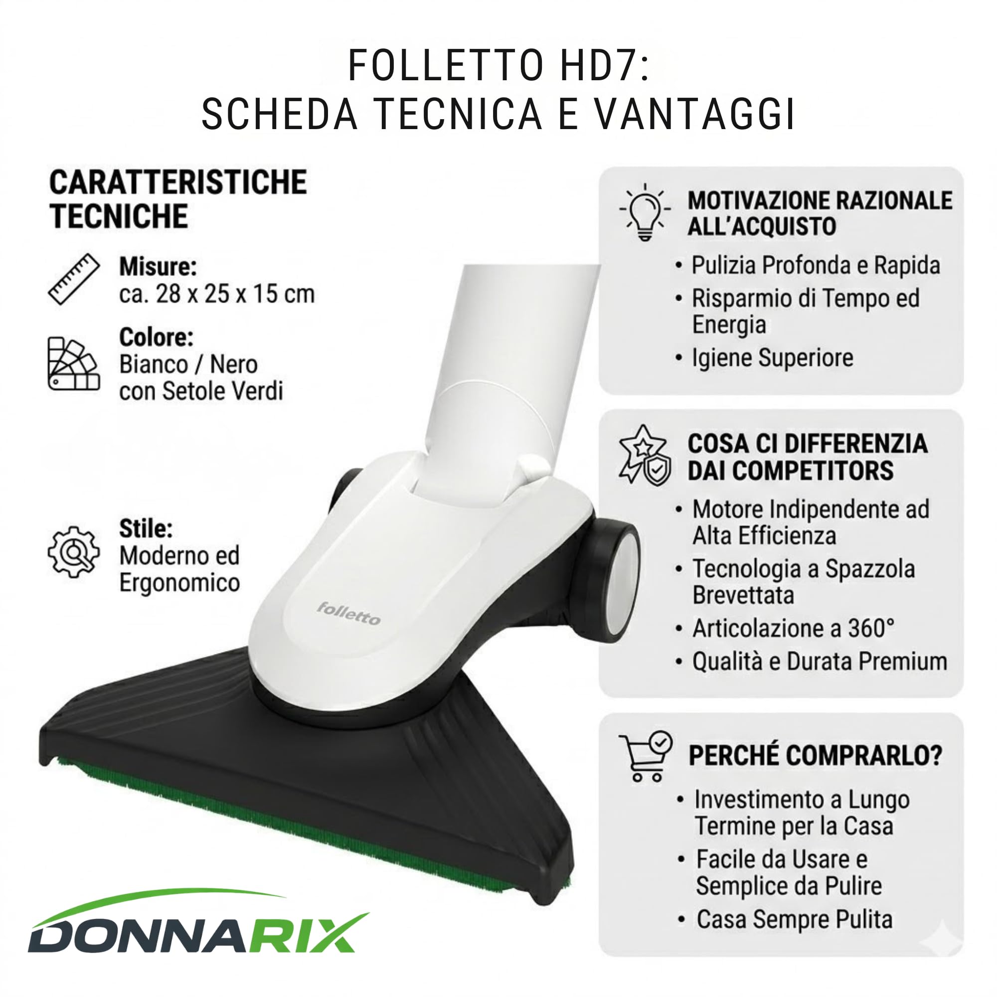 Spazzola ORIGINALE per Pavimenti Duri Folletto HD7, Snodo Flessibile e Design Sottile, Ideale per Angoli e Sotto Mobili, Pulizia Terrazzi e Balconi, Accessorio Maneggevole per Casa