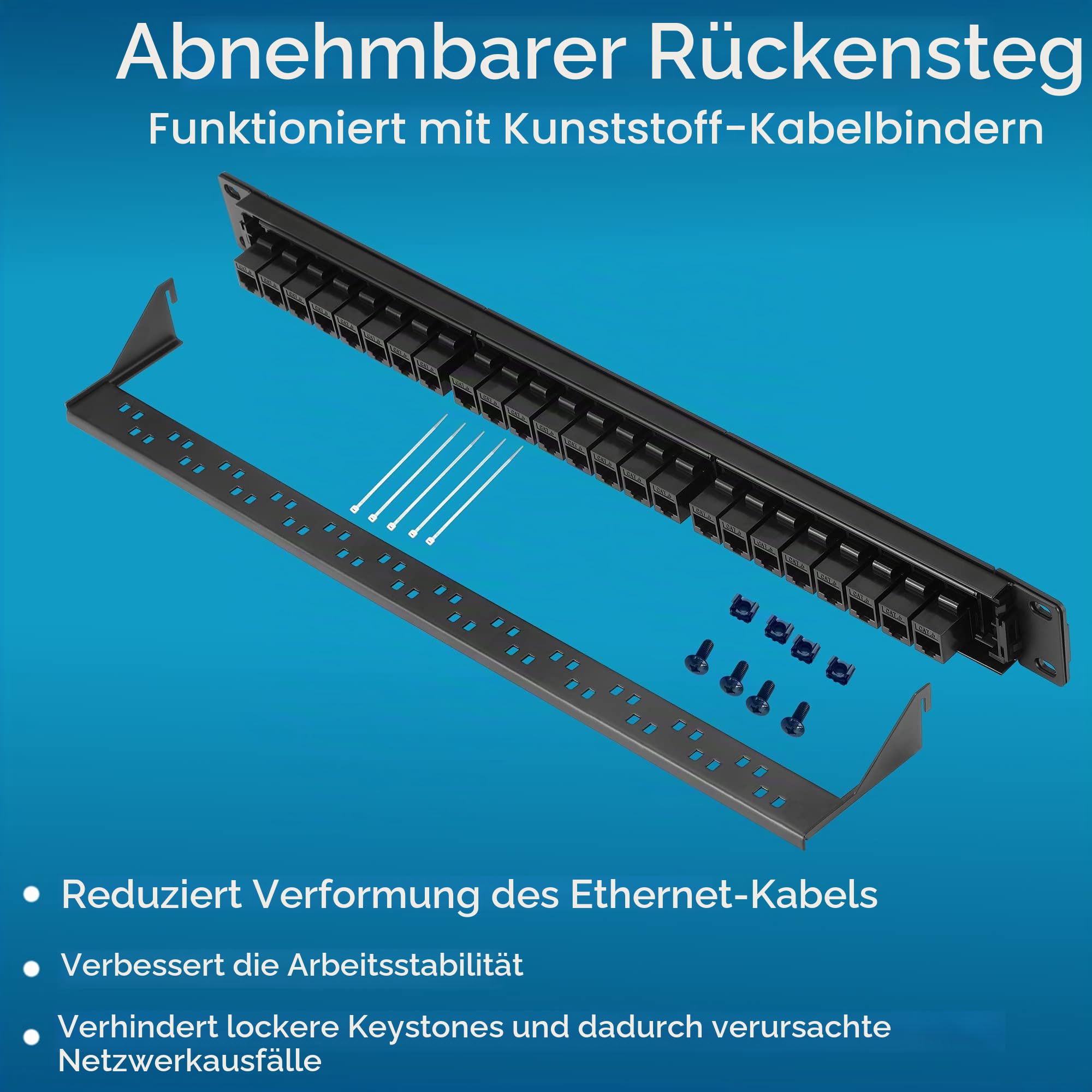 Rapink 24-Port-Cat6-Patchpanel mit Inline-Keystones, 10G Unterstützung, Pass-Through-Kuppler, UTP 19-Zoll-Patchpanel mit abnehmbarem Rückbügel, 1U-Netzwerkpanel für Cat6-, Cat5e- und Cat5-Kabel