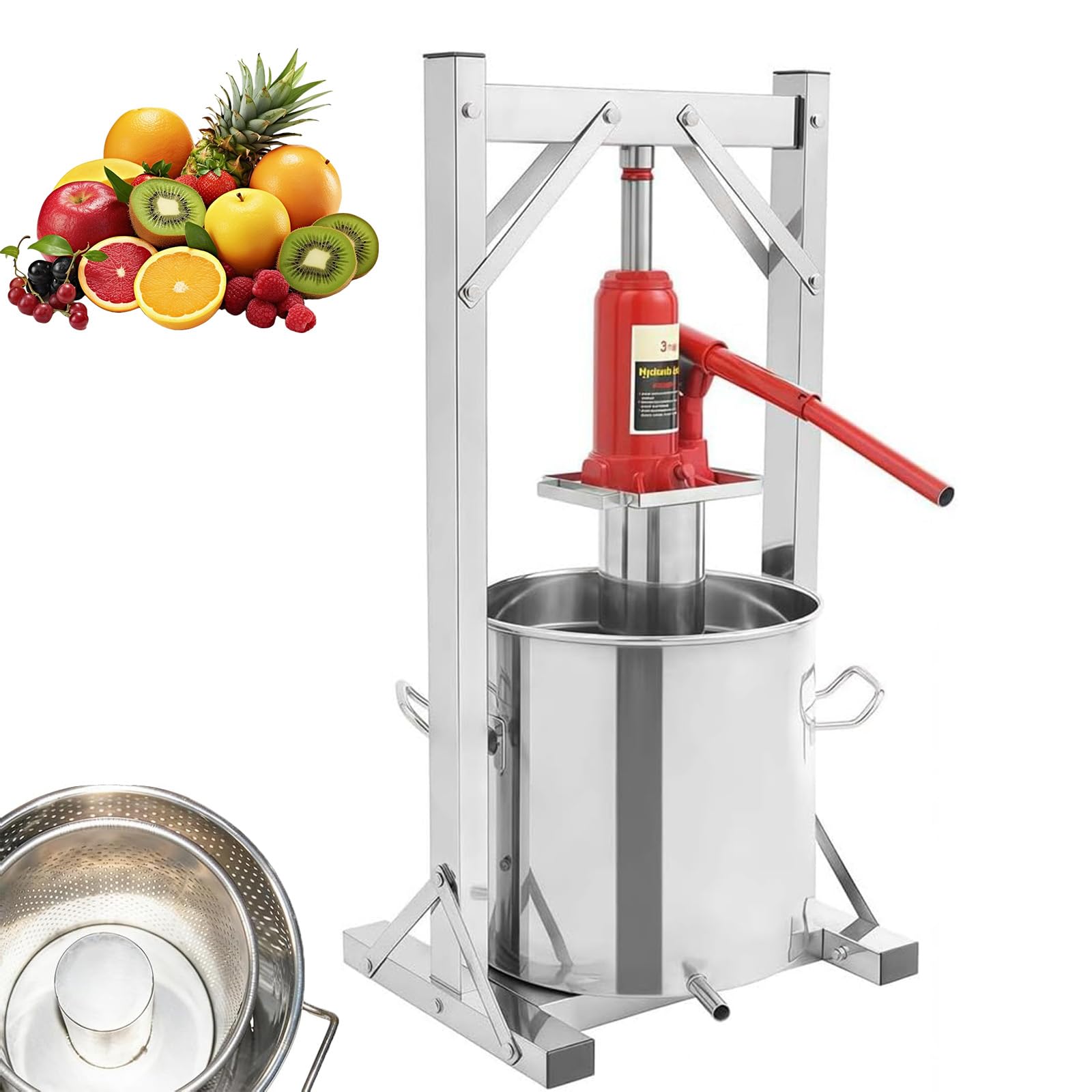 12L Edelstahl Obstpresse Manuelle Hydraulische Weinpresse mit Korb für Heimweinherstellung Inklusive Eimer Wagenheber Ständer für Saftextraktion 22L