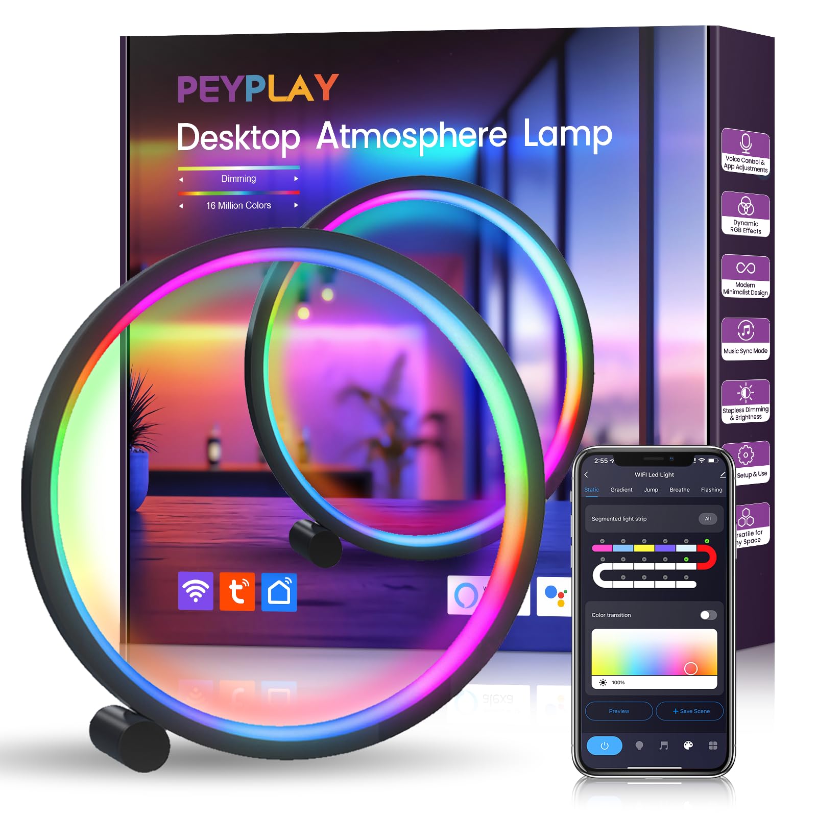 Lámpara de mesa LED inteligente, iluminación RGB+IC, luz nocturna que cambia de color, sincronización de música, modo de bricolaje, atenuación continua, aplicación y control de voz (WiFi de