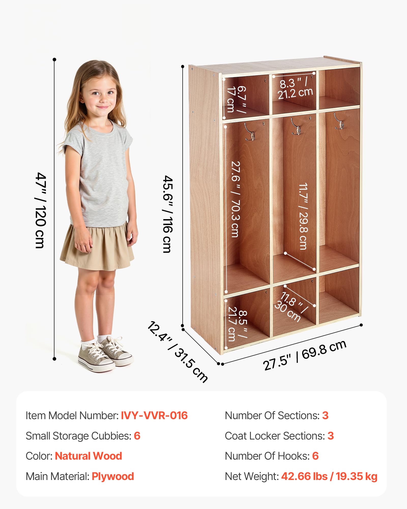 VEVOR Vestiaire 3 Enfants Ouvert, Penderie pour Enfants en Bois, Rangement pour Crèche Maternelle Garderie Maison, Meuble d'accueil Scolaire avec Casiers à Manteau et à Chaussures, Cases Supérieures