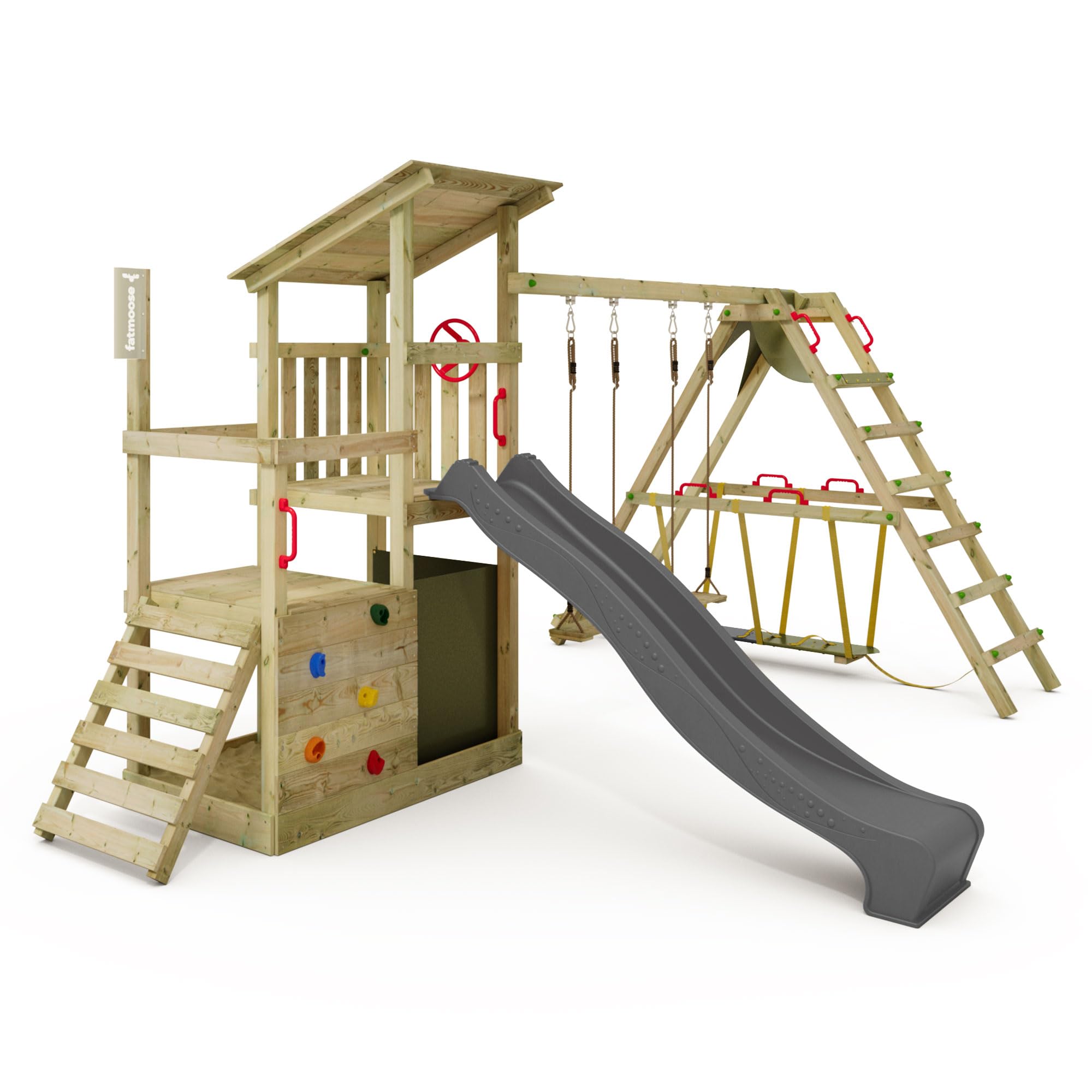 FATMOOSE Spielturm FruityForest Fun XXL Klettergerüst, anthrazit | mit Surfanbau, Schaukel & Rutsche, mit Sandkasten, Leiter & Spiel-Zubehör, für den Garten