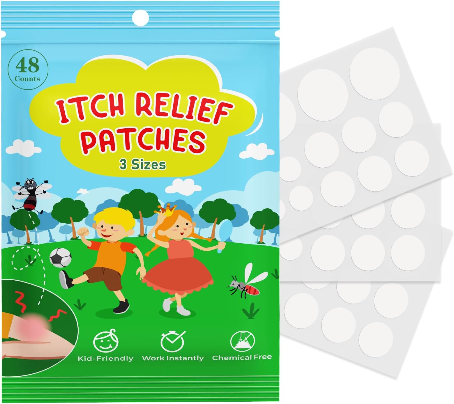 Nano shield Kids' Itch Relief Patches – 48pcs, 3 Sizes, Prevents Scratching in 30s, Fast Bug Bite Relief, Reduces Swelling, Waterproof, Essential for Summer Outdoor Fun (Natural Hydrogel)