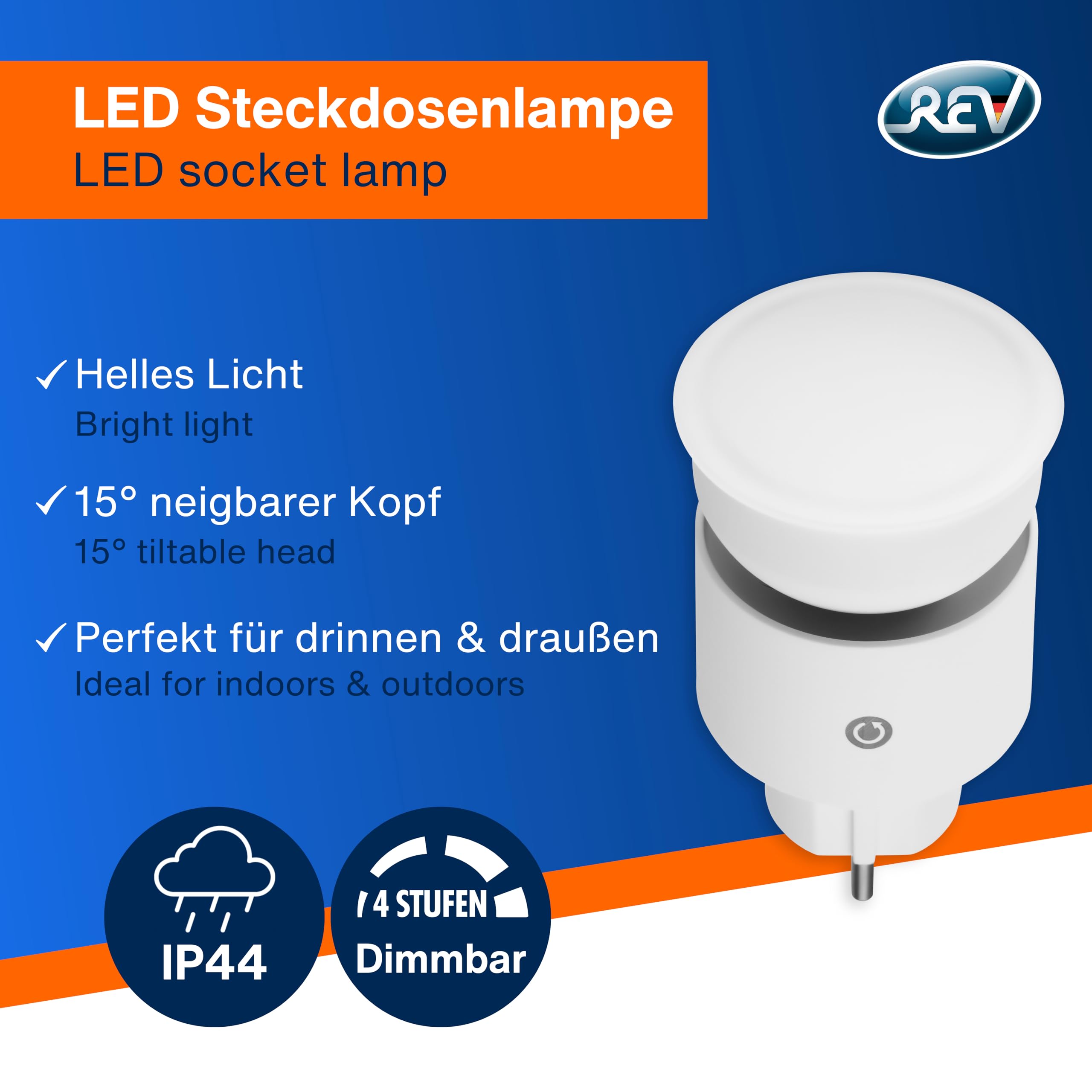 REV Lampa z gniazdkiem elektrycznym, 4-stopniowe ściemnianie, 10 W, 850 lm, 3000 K, lampa wtykowa do wtyku do gniazd, przedłużacz i gniazda wielokrotne, biała