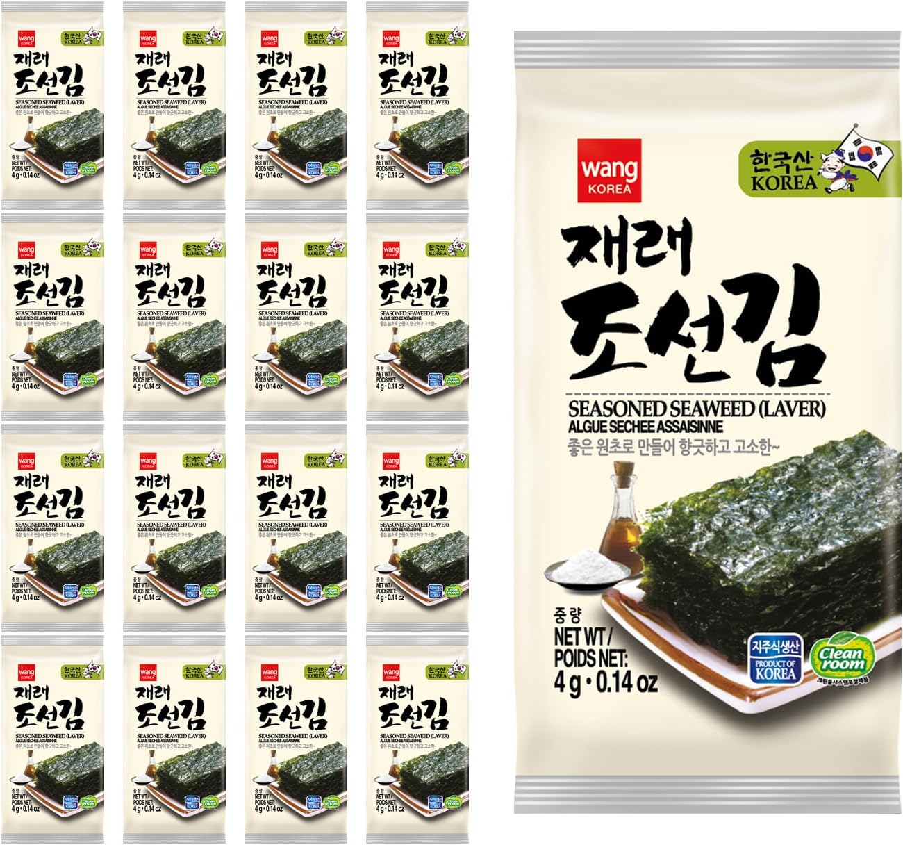 Wang Korean Seaweed Snacks Original - Crispy Roasted Seaweed Sheets, Healthy Sea Weed Snack, Keto, Vegan, Gluten-Free - Pack of 16