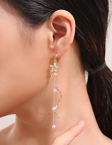 Miniatura 2 de Neareen Pearl Drop Earrings for Women Girls, 14K Gold Plated Dangle Earrings with 925S Post for Wedding
