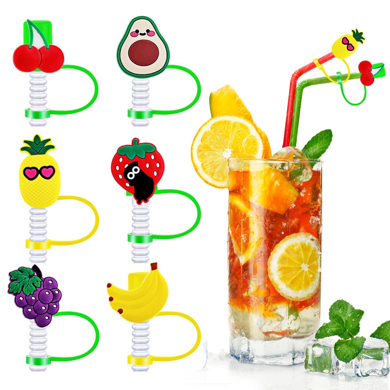 6 Pieces Straw Covers Cap, Reusable Silicone Straw Tips Cover Cute Fruit Straw Covers Portable Dust-Proof Straw Plug for 6-8 Mm (1/4 Inch) Straw Home Kitchen Accessories Outdoor Decor