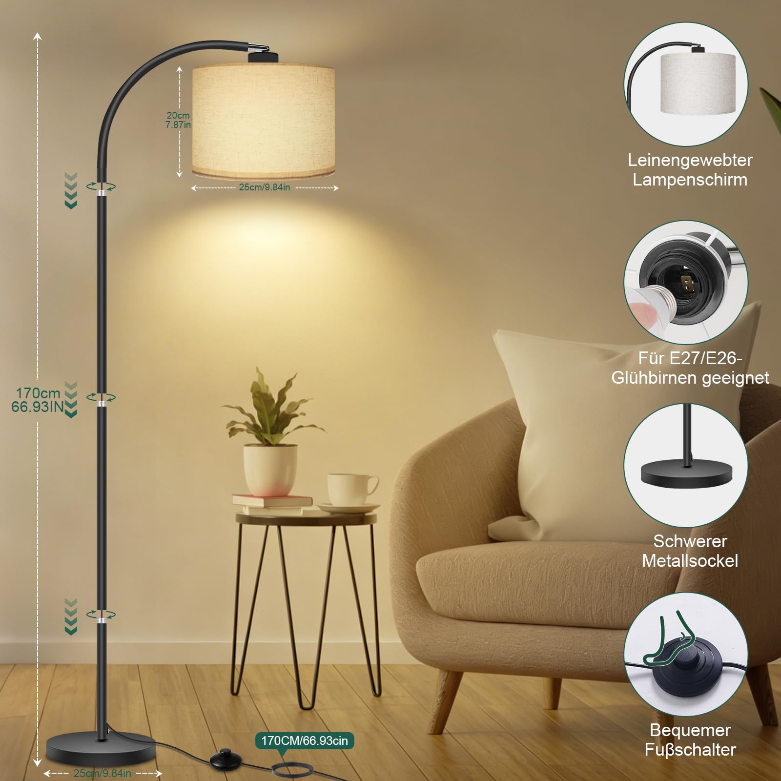 Lampada da terra per soggiorno, 170 cm, ad arco, moderna, con paralume in lino beige regolabile e interruttore a pedale, lampadina LED E27 3000 K inclusa, lampada da lettura per camera da letto