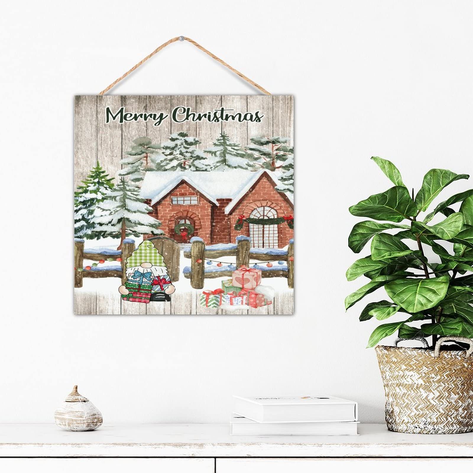 Plaque en bois nains de Noël et bonhomme de neige pour décoration murale festive