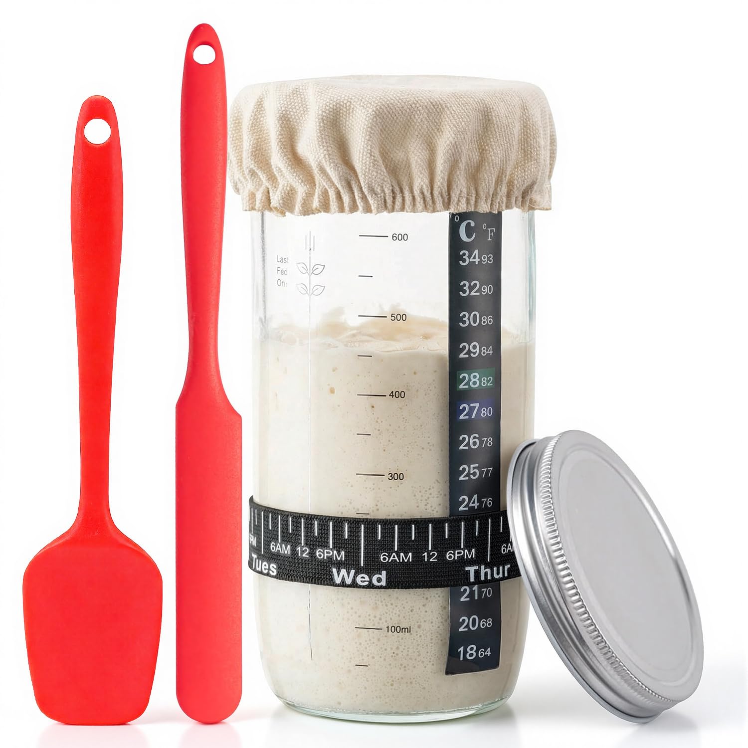 Cpvbobul Sourdough Starter Kit- 24Oz/730Ml Large Capacity Sourdough Starter Jar With Thermometer And Date Marked Feeding Band, Sourdough Bread Baking Supplies For Making Delicious Sourdough Breads